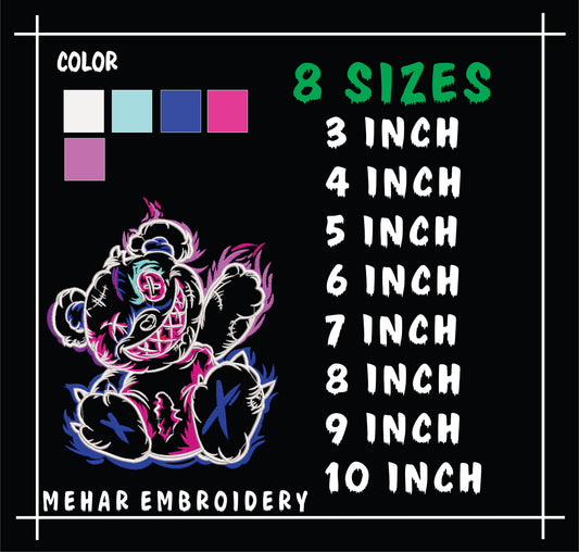 Streetwear Bear Embroidery Design, 8 Sizes & 8 Formats, Edgy Punk Machine Pattern