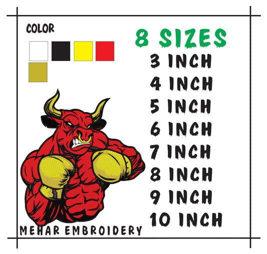 Boxing Red Bull Embroidery Design, Angry Bull Sports Machine File