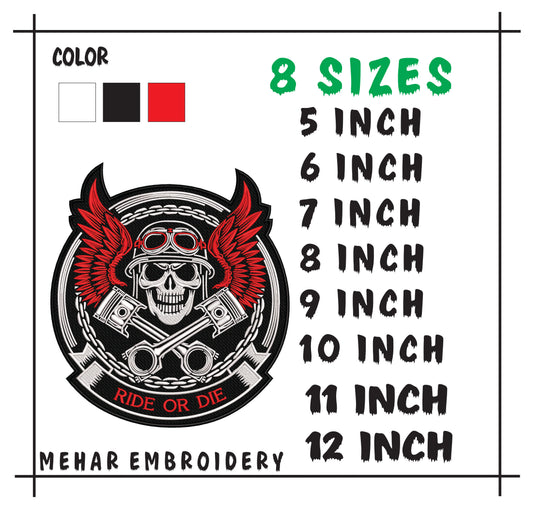 Ride or Die Biker Skull Embroidery Design, Motorcycle Digital File