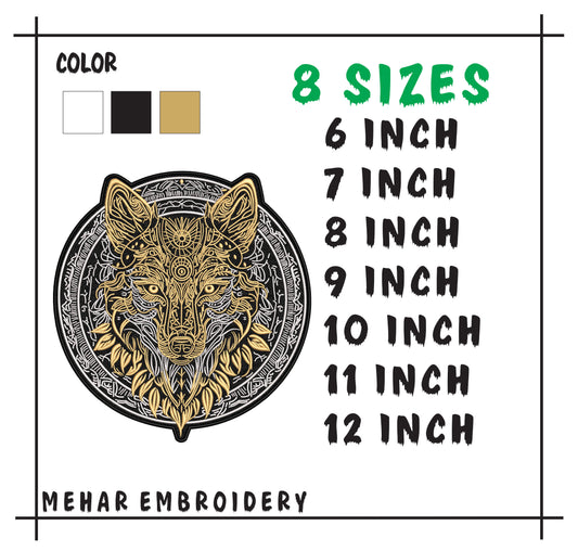 Large Wolf Embroidery Design – Gold & Black Biker Applique (Digital Download)