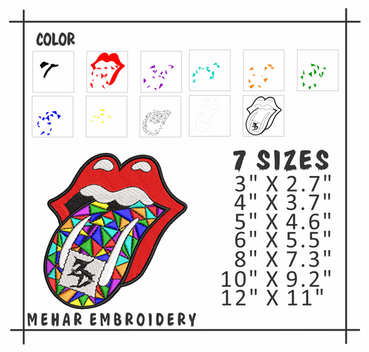 Rock Lips Embroidery Design, Colorful Geometric Tongue Art, 8 Formats Instant Download