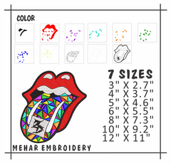 Rock Lips Embroidery Design, Colorful Geometric Tongue Art, 8 Formats Instant Download
