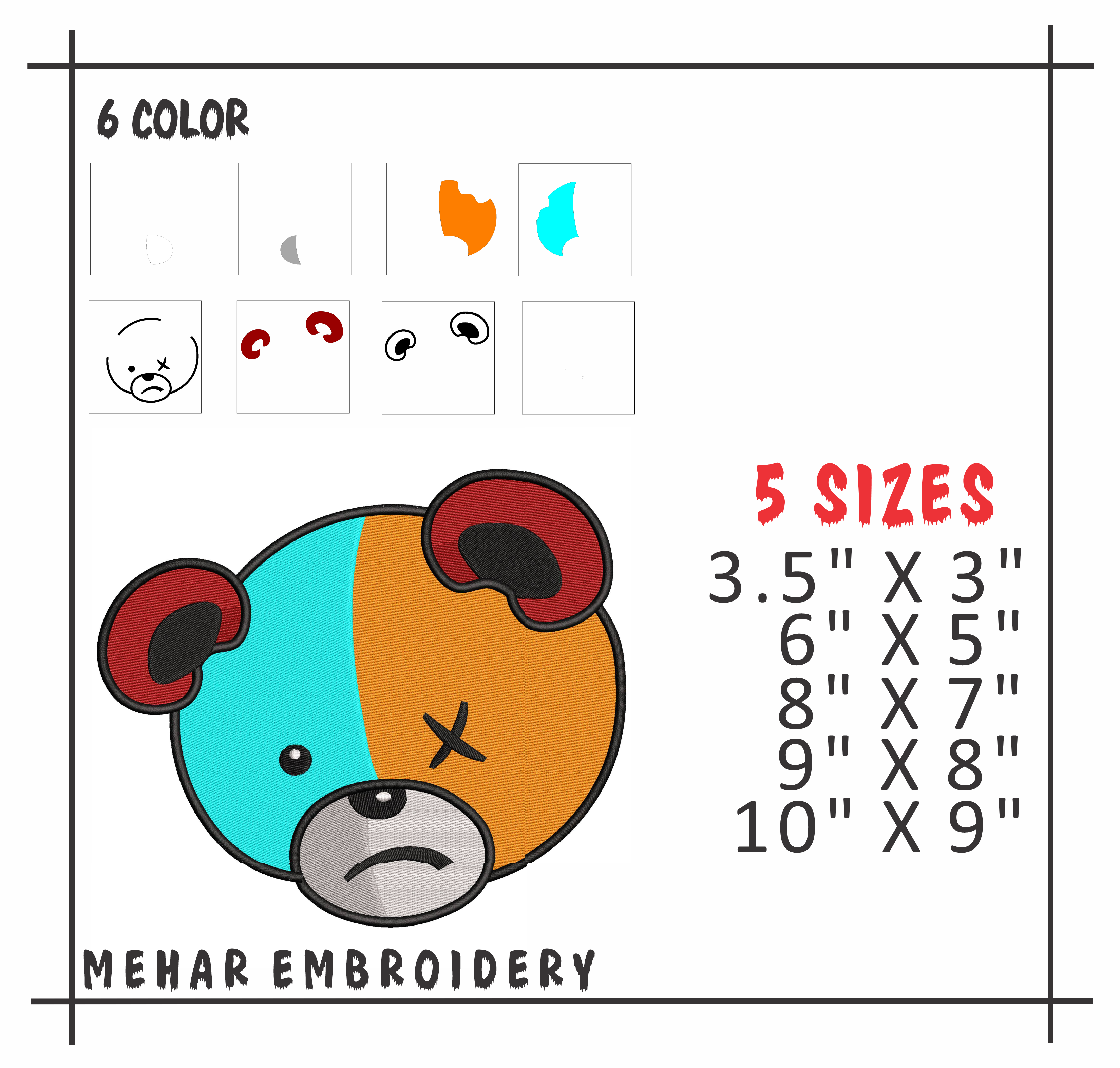 Edgy Sad Bear Machine Embroidery Design, 8 Sizes & 8 Formats