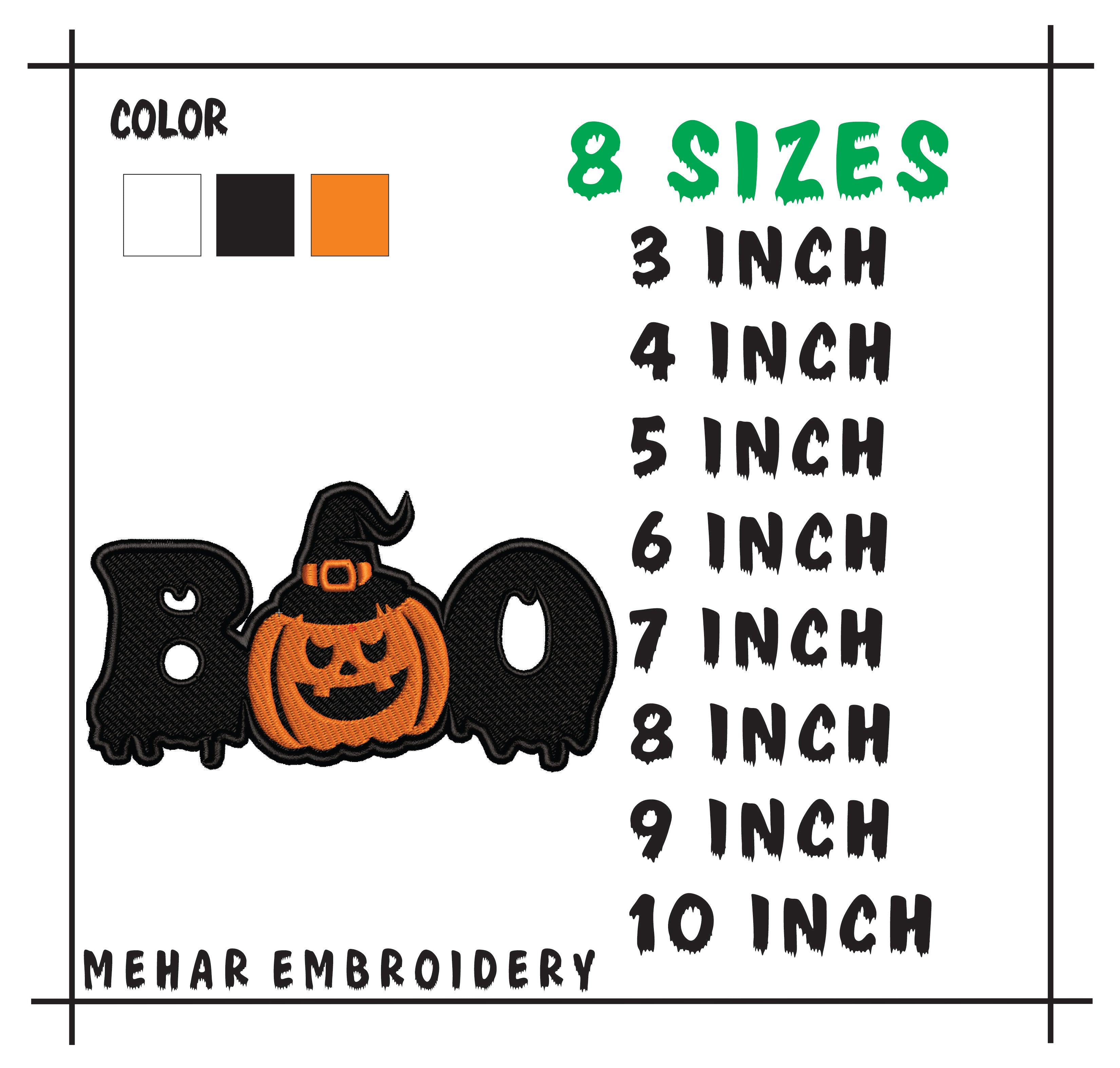 Spooky BOO Pumpkin Embroidery, Halloween Witch Hat Digital Design