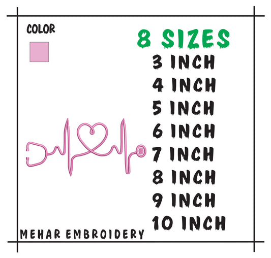 Nurse Heartbeat Stethoscope Embroidery, Medical Line Art Machine Stitch File