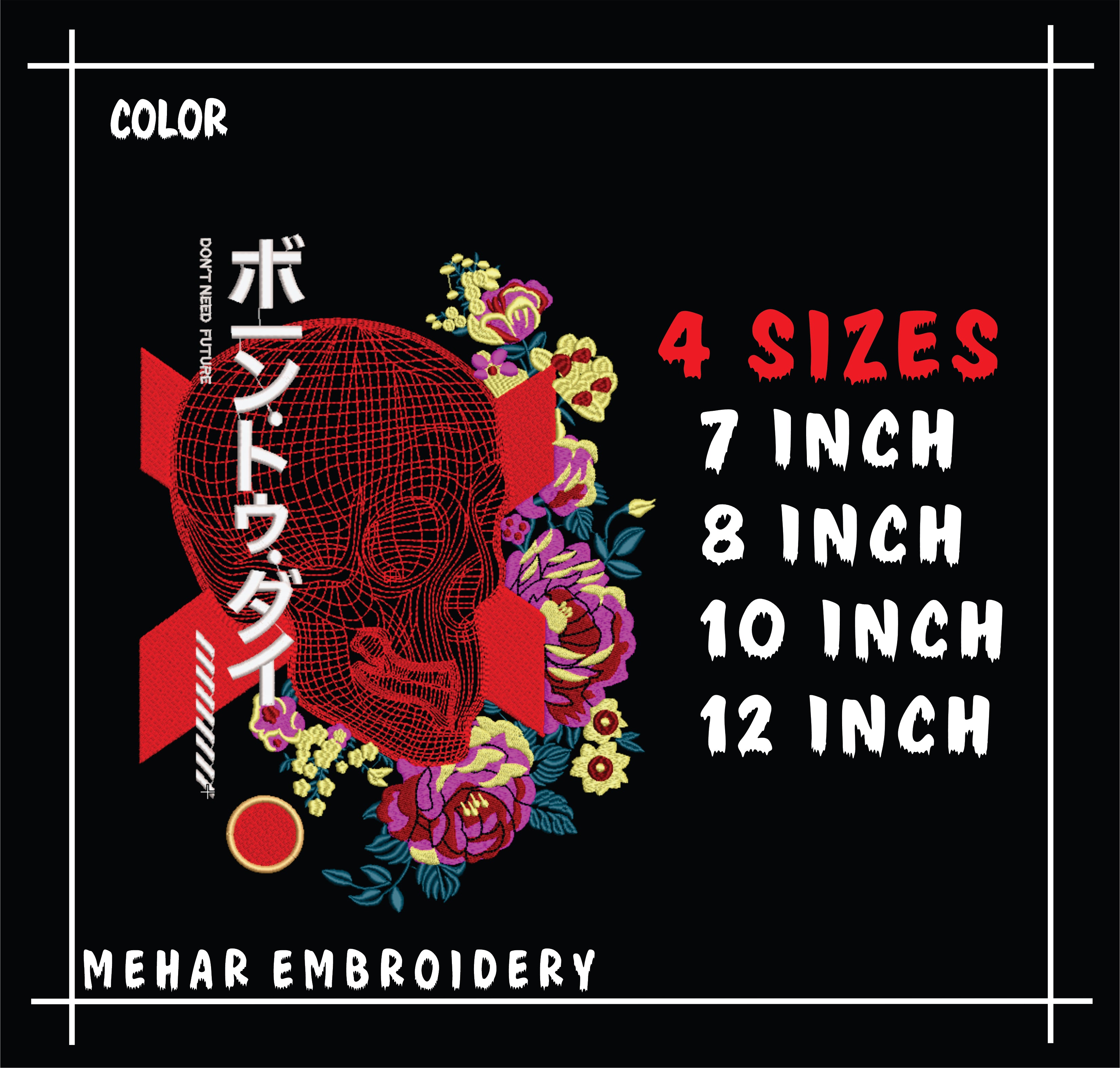Japanese Cyberpunk Skull with Flowers Machine Embroidery Design – Edgy Streetwear Motif in 4 Sizes and Multiple Formats
