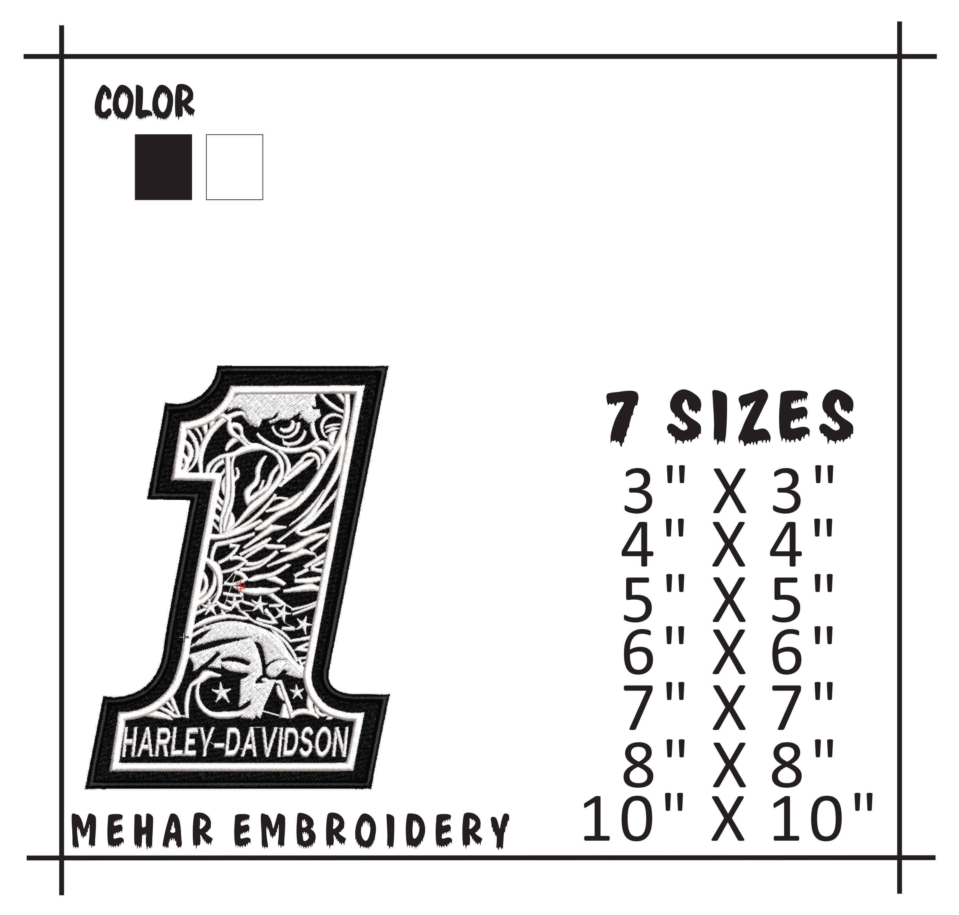 Harley Davidson Number 1 Eagle Skull Machine Embroidery Design, American Motorcycle Biker Embroidery File, 8 Sizes, 8 Formats