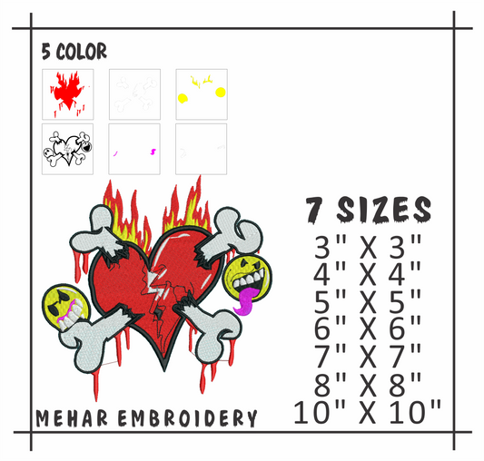 Broken Heart Crossbones Embroidery, Edgy Y2K Streetwear Art, 8 Formats Digital Download
