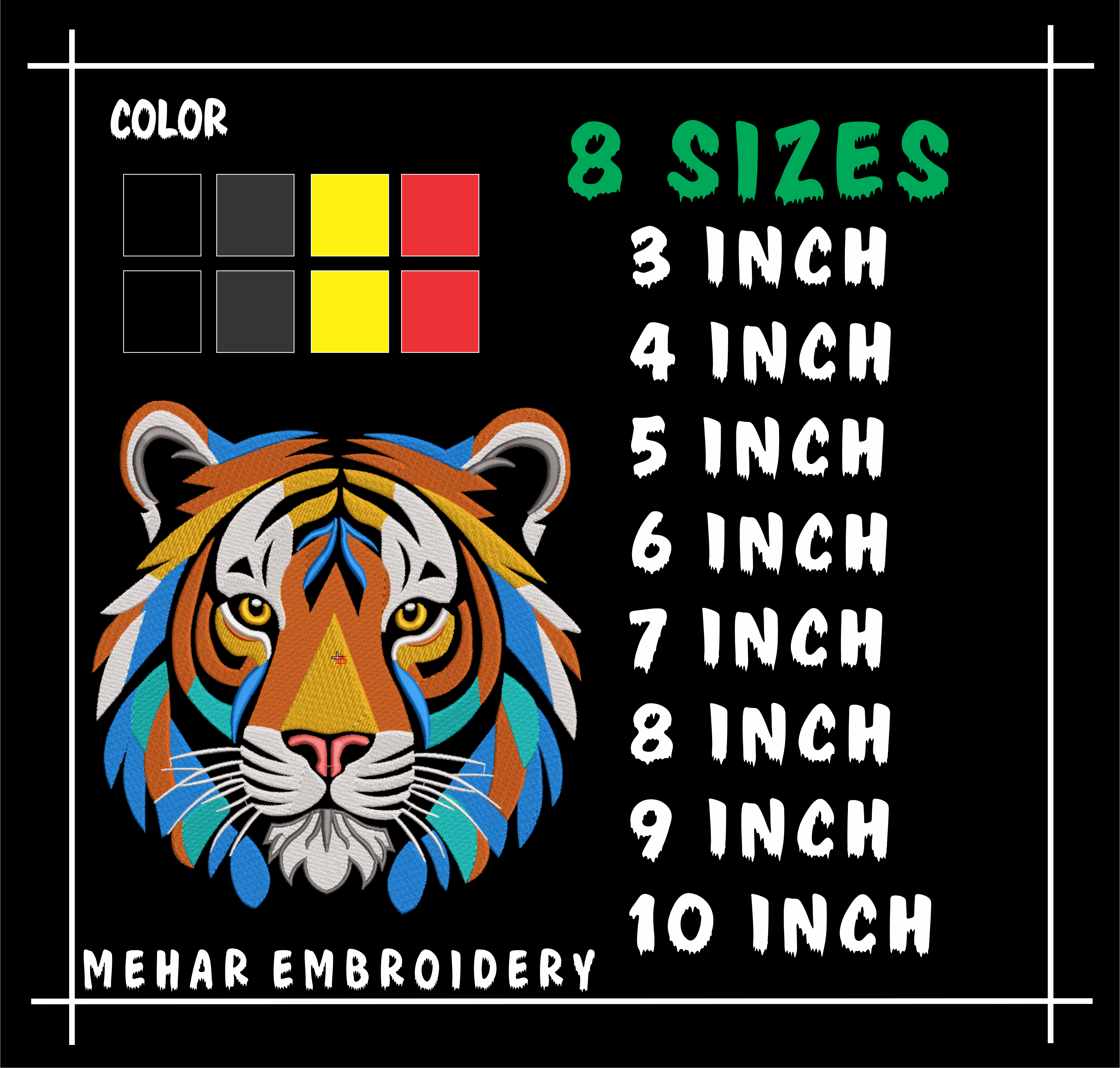 Tiger Embroidery Design, 8 Sizes & 8 Formats, Animal Machine Embroidery Pattern