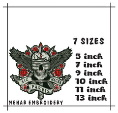 Sic Parvis Magna Skull Embroidery Design, Gothic Winged Skull Digital File