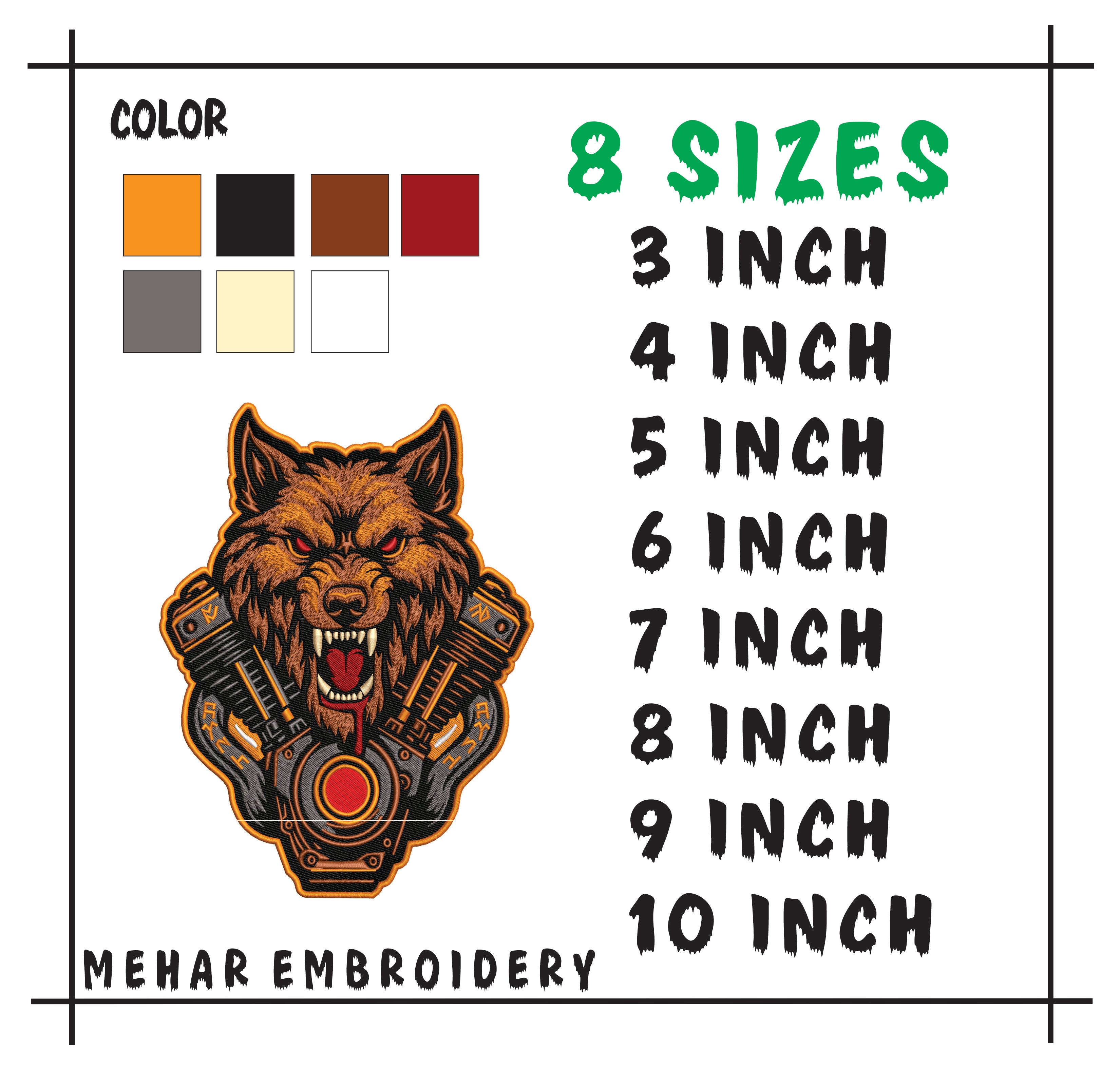 Howling Wolf Engine Embroidery Design – Biker Vest File (8 Sizes, 8 Formats) (Digital Download)