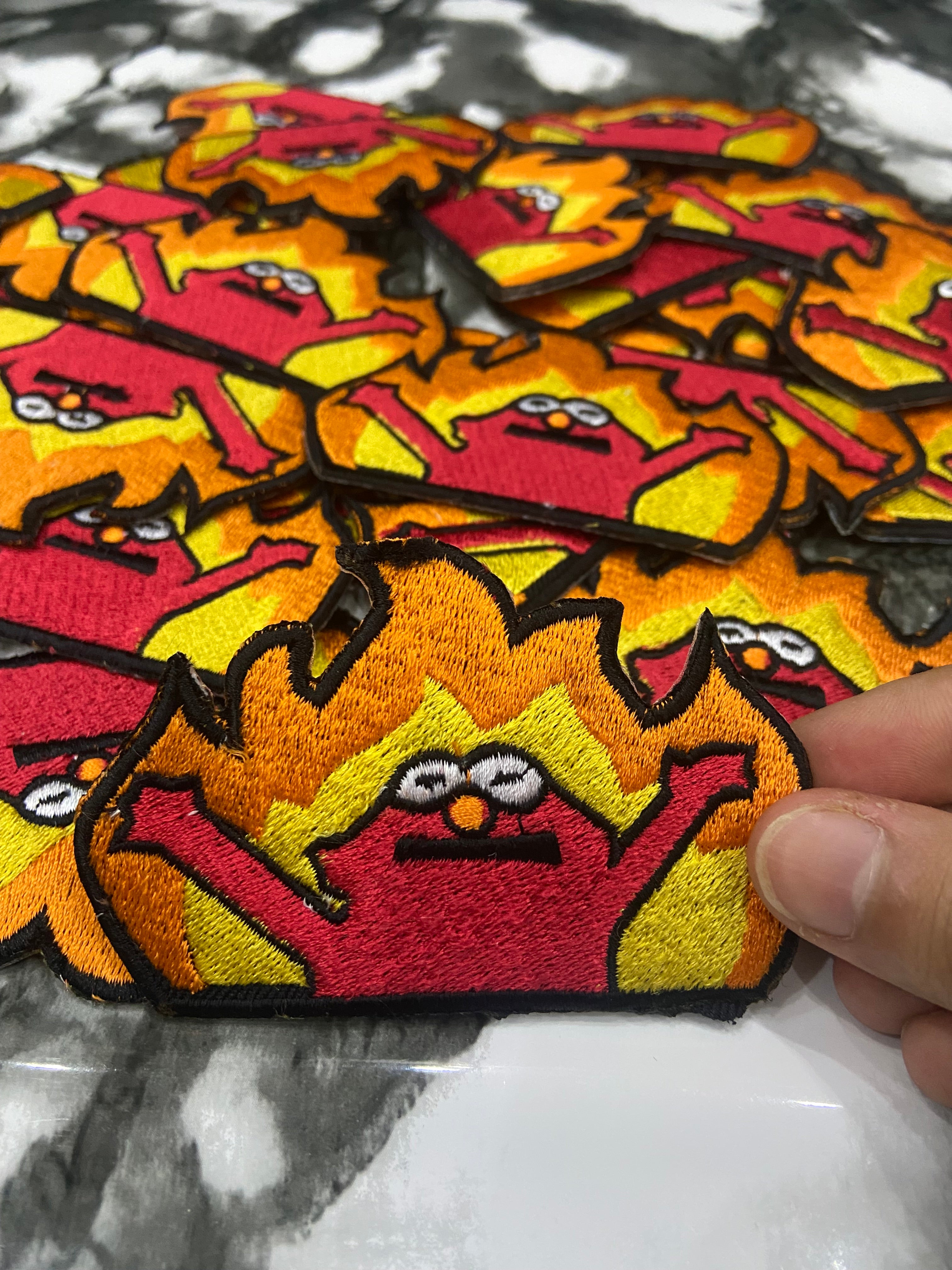 Elmo Flame Meme Embroidered Patch | Hellmo Rise Iron-On Patch | Funny Pop Culture Meme Badge for Jackets & Backpacks