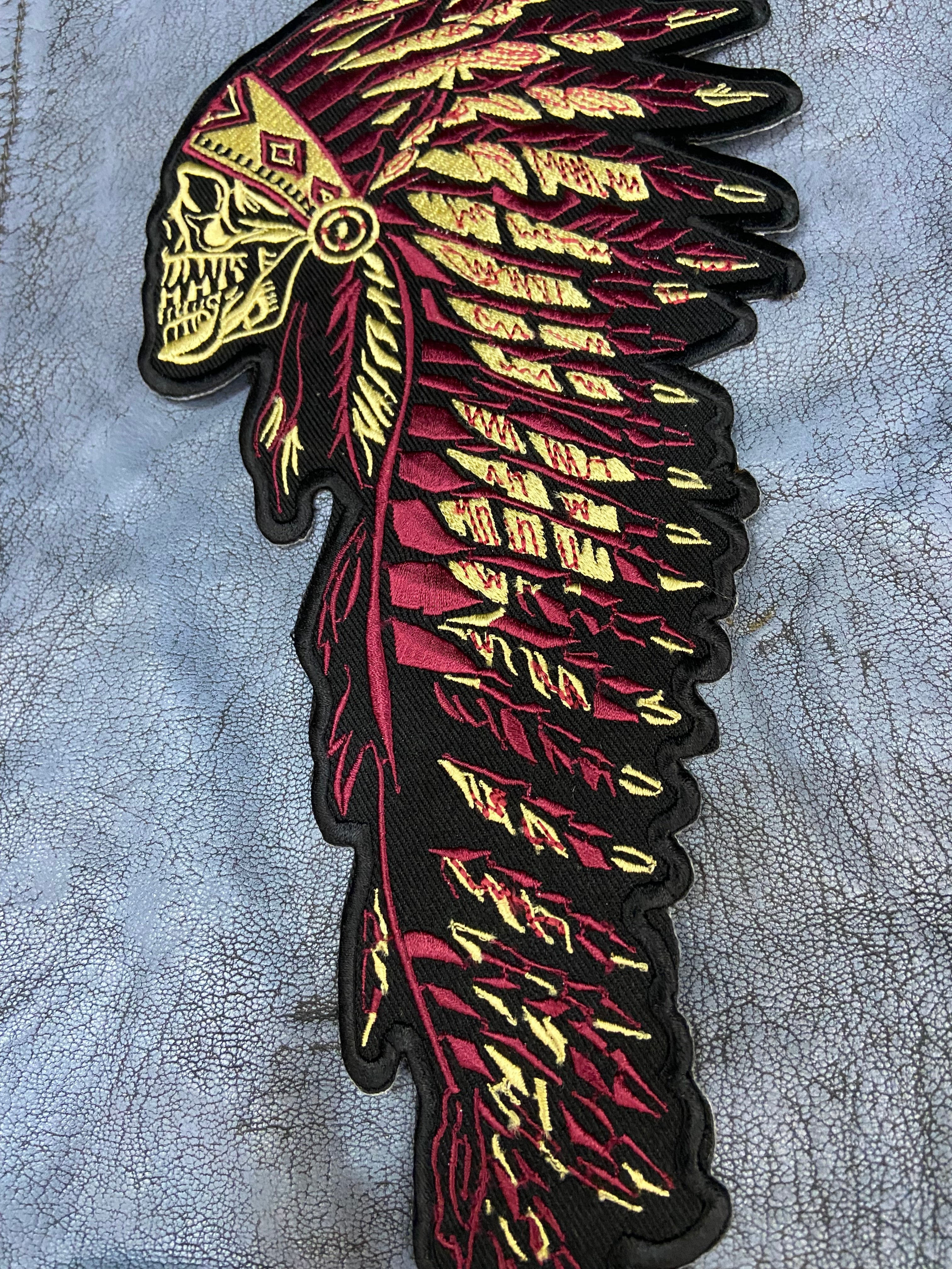 Indiana Headdress Patch: Embrace the spirit of the chief. Detailed embroidered Native American headdress for jackets