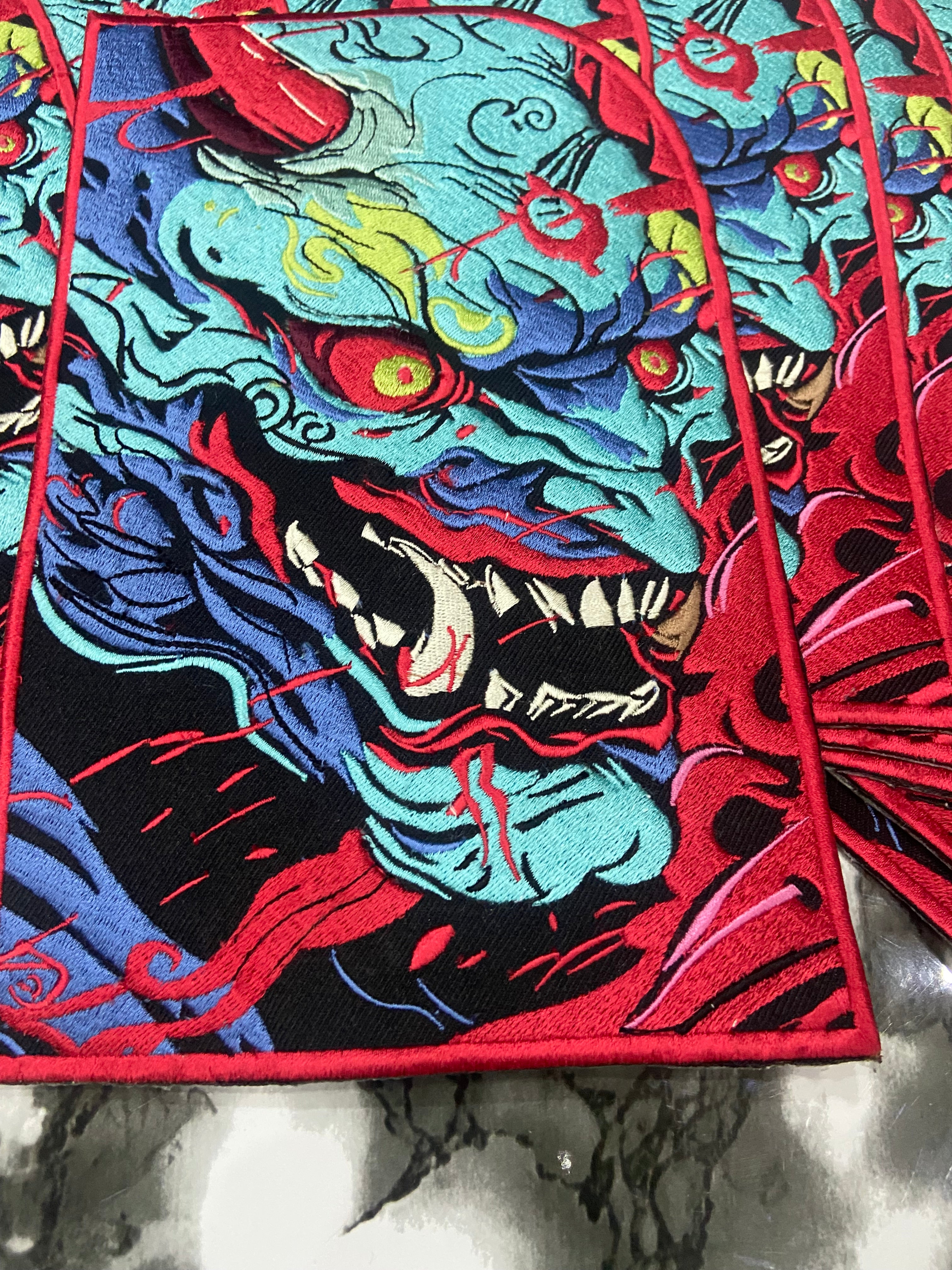 Japenese oni mask, ogre styled kensuke art embroidered back patch for biker jackets and vests