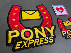 Pony Express logo patch with red and yellow colors on a dark background