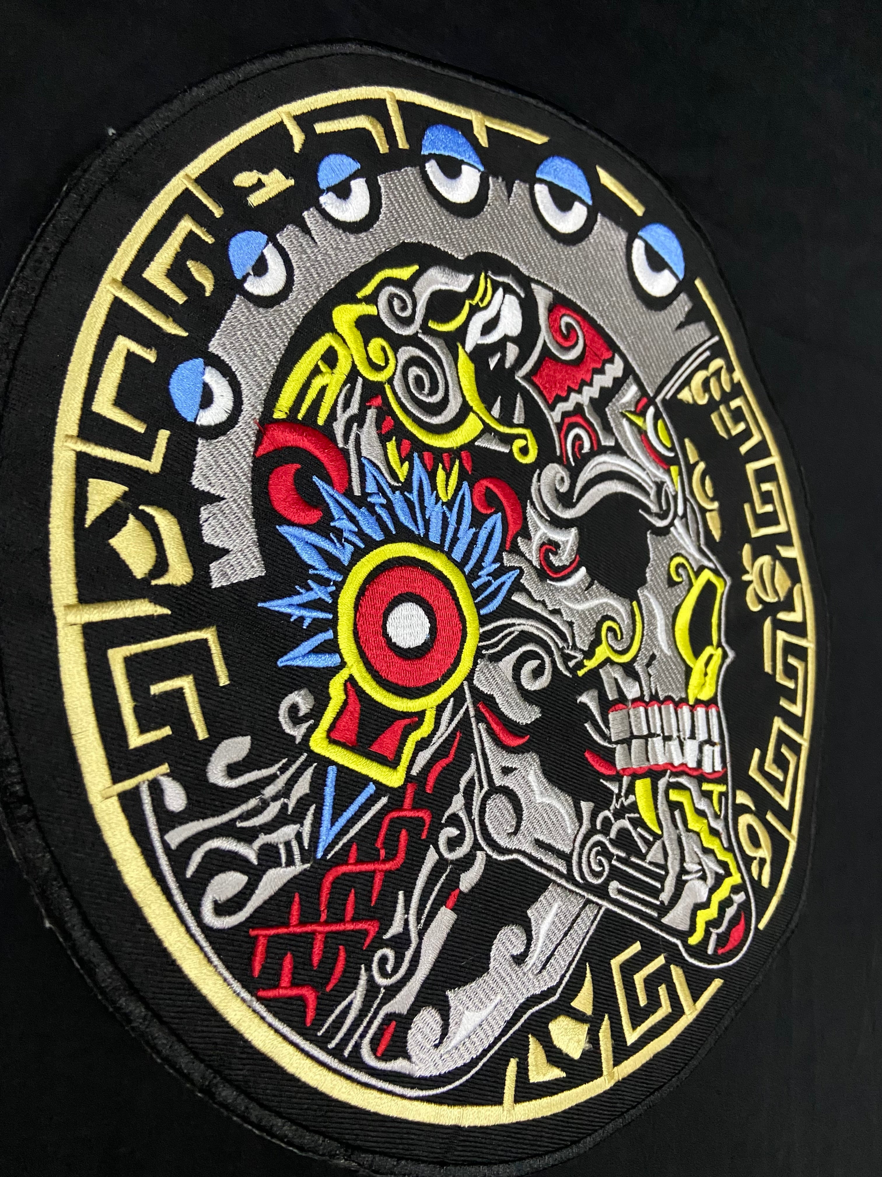Warrior Skull Patch | 12 Inch Aztec Calavera Embroidery | Tribal & Folk Art Applique
