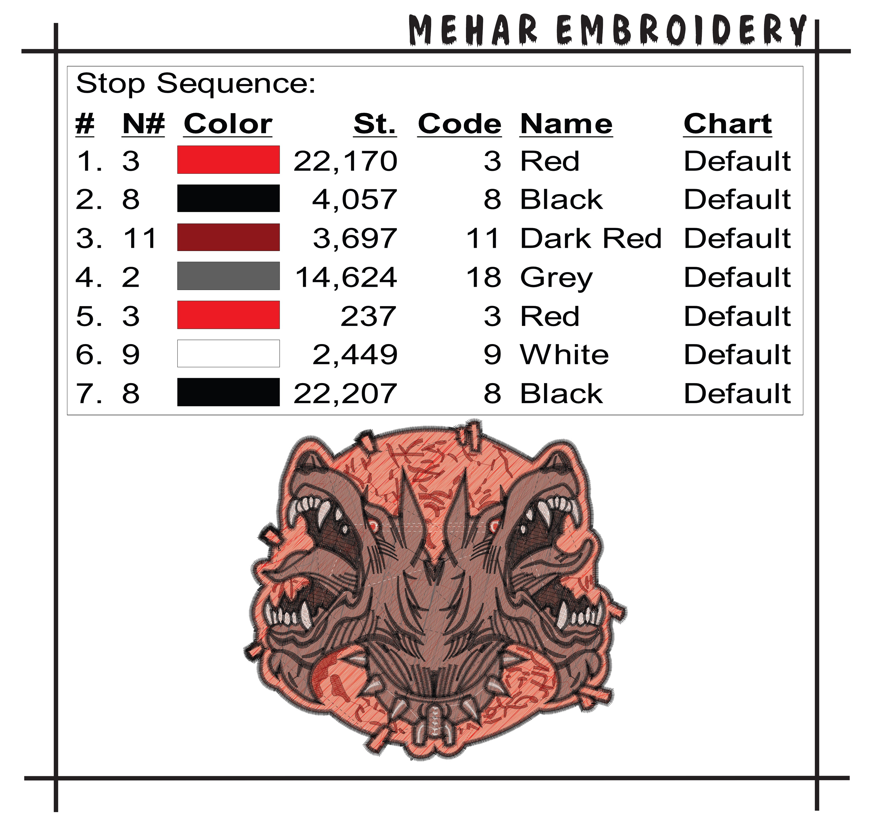 Cerberus Embroidery Design, Three Headed Dog Machine File