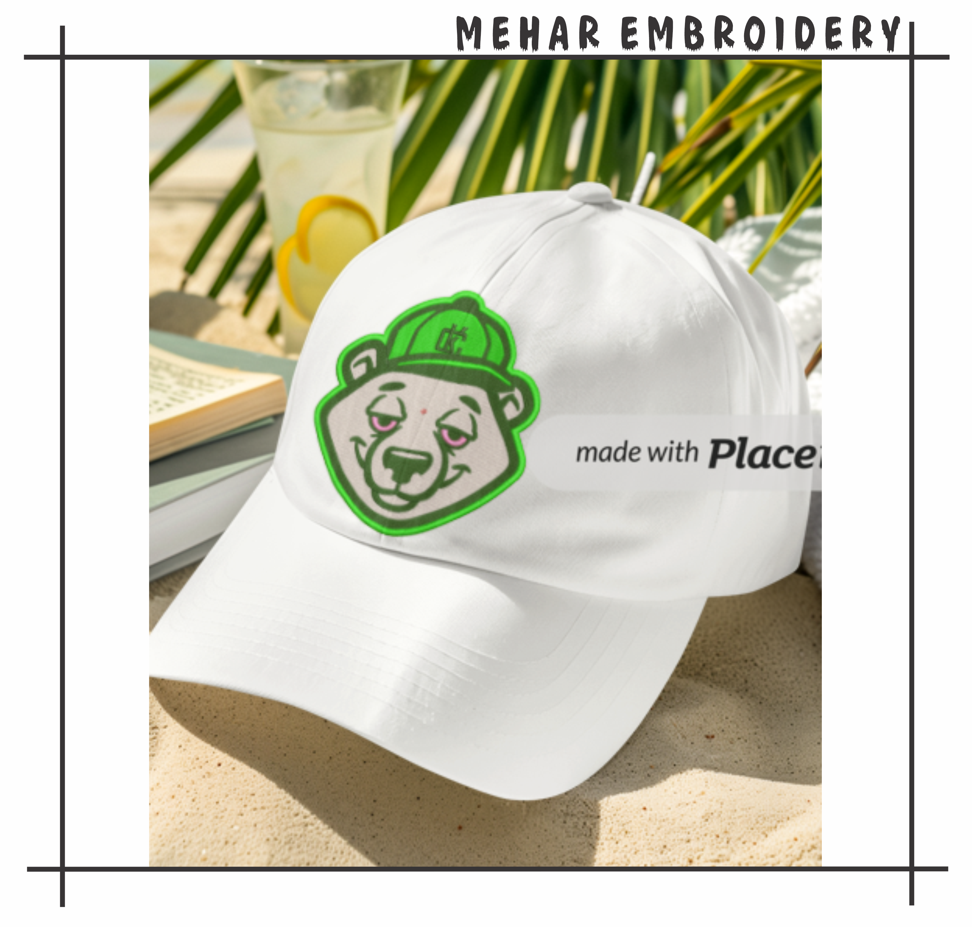 Streetwear Bear Green Hat Embroidery Design, 8 Sizes & 8 Formats