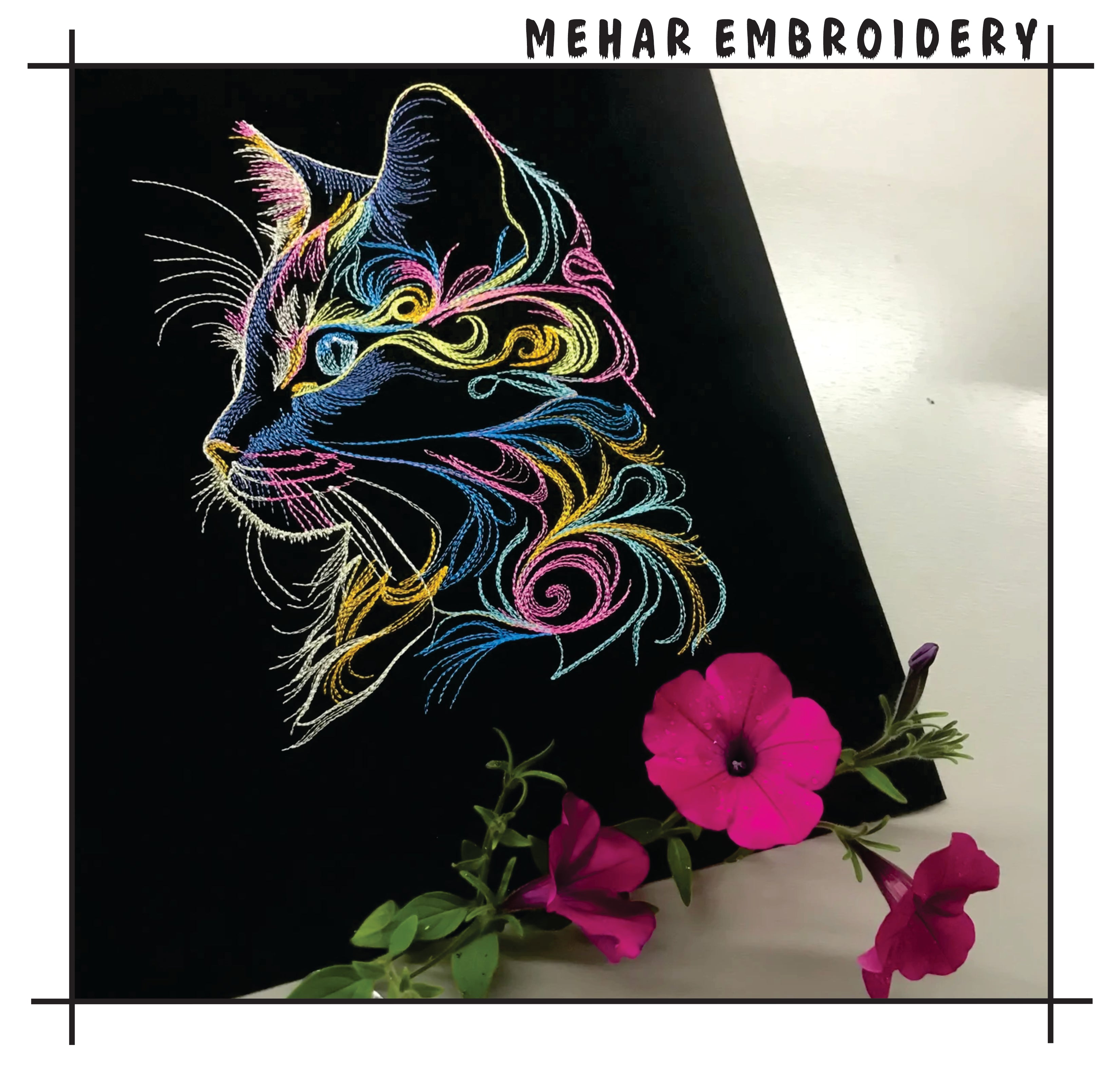 Abstract Cat Embroidery Design, Colorful Rainbow Kitten Digital File