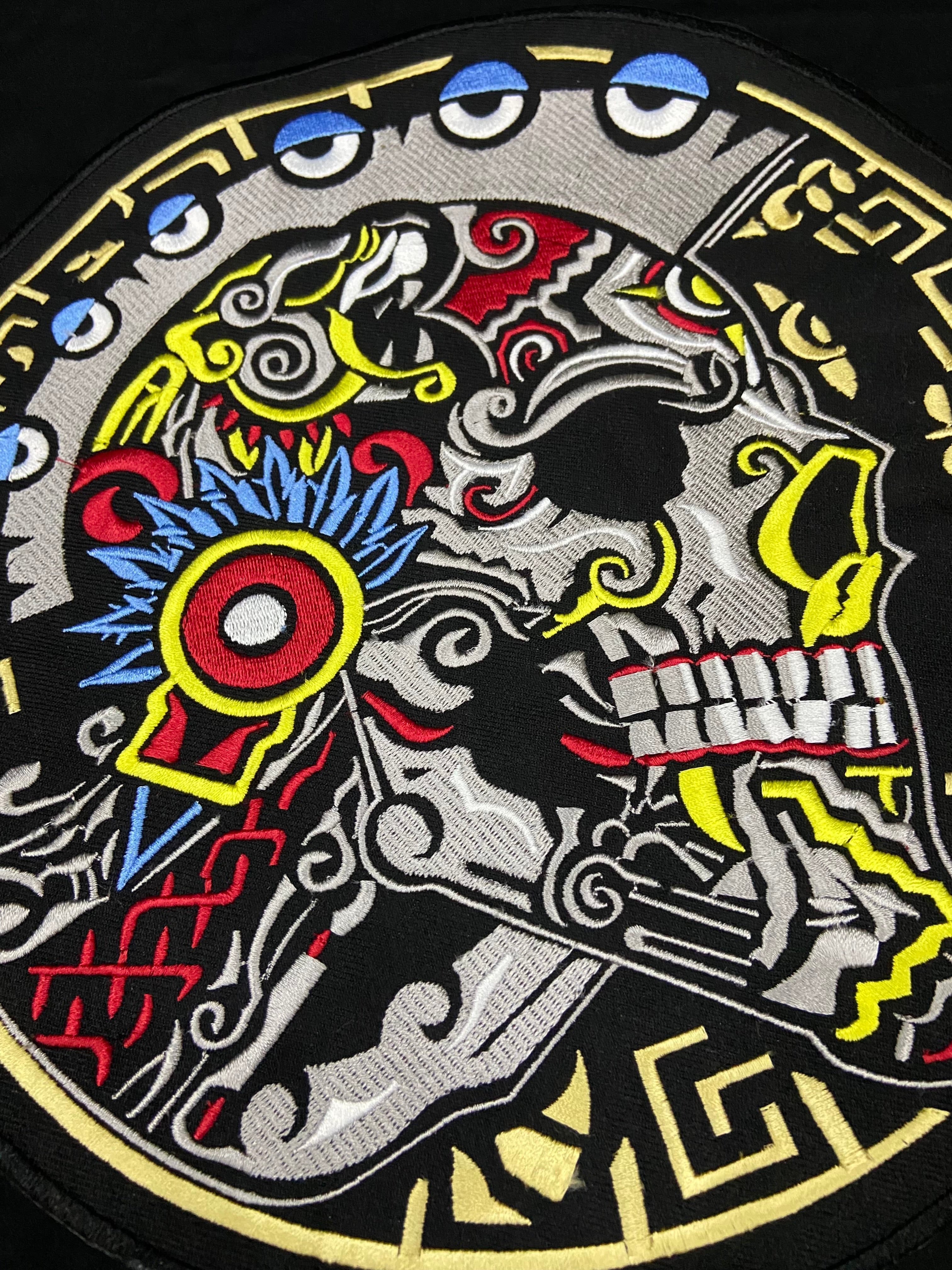 Warrior Skull Patch | 12 Inch Aztec Calavera Embroidery | Tribal & Folk Art Applique