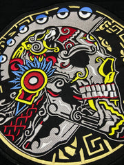 Warrior Skull Patch | 12 Inch Aztec Calavera Embroidery | Tribal & Folk Art Applique