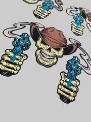 Outlaw Cowboy Skull Back Patch | Double Revolvers & Smoking Barrels | 12-Inch Custom Biker Vest Set