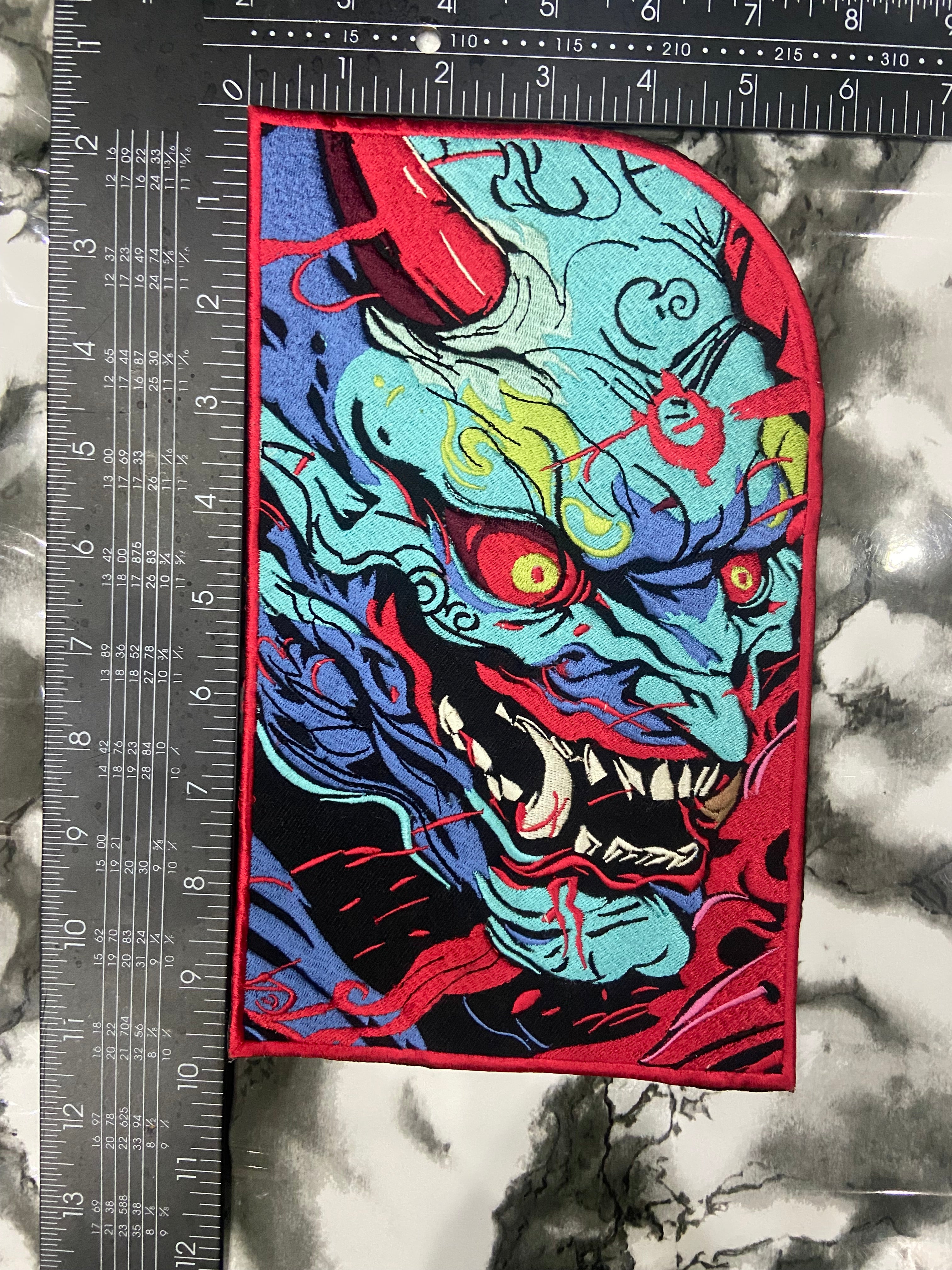 Japenese oni mask, ogre styled kensuke art embroidered back patch for biker jackets and vests