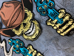 Outlaw Cowboy Skull Back Patch | Double Revolvers & Smoking Barrels | 12-Inch Custom Biker Vest Set