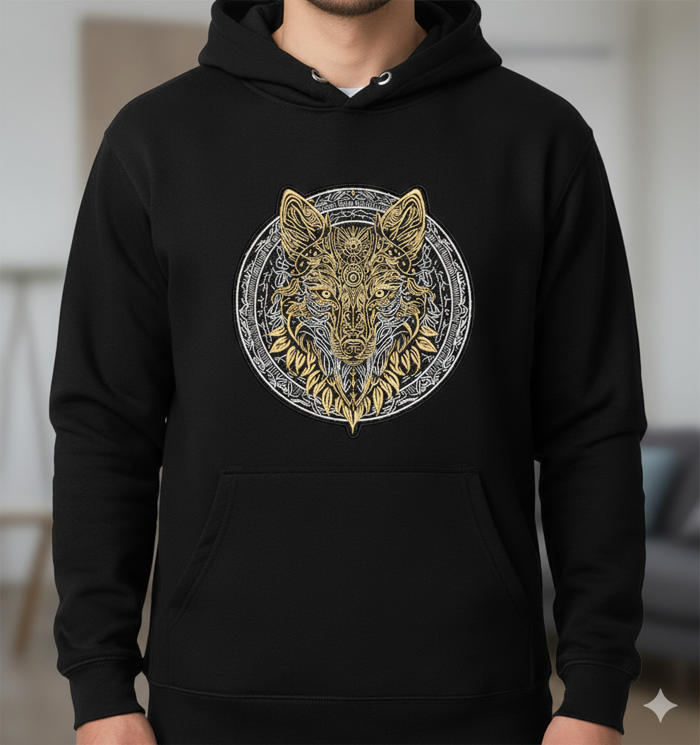 Large Wolf Embroidery Design – Gold & Black Biker Applique (Digital Download)