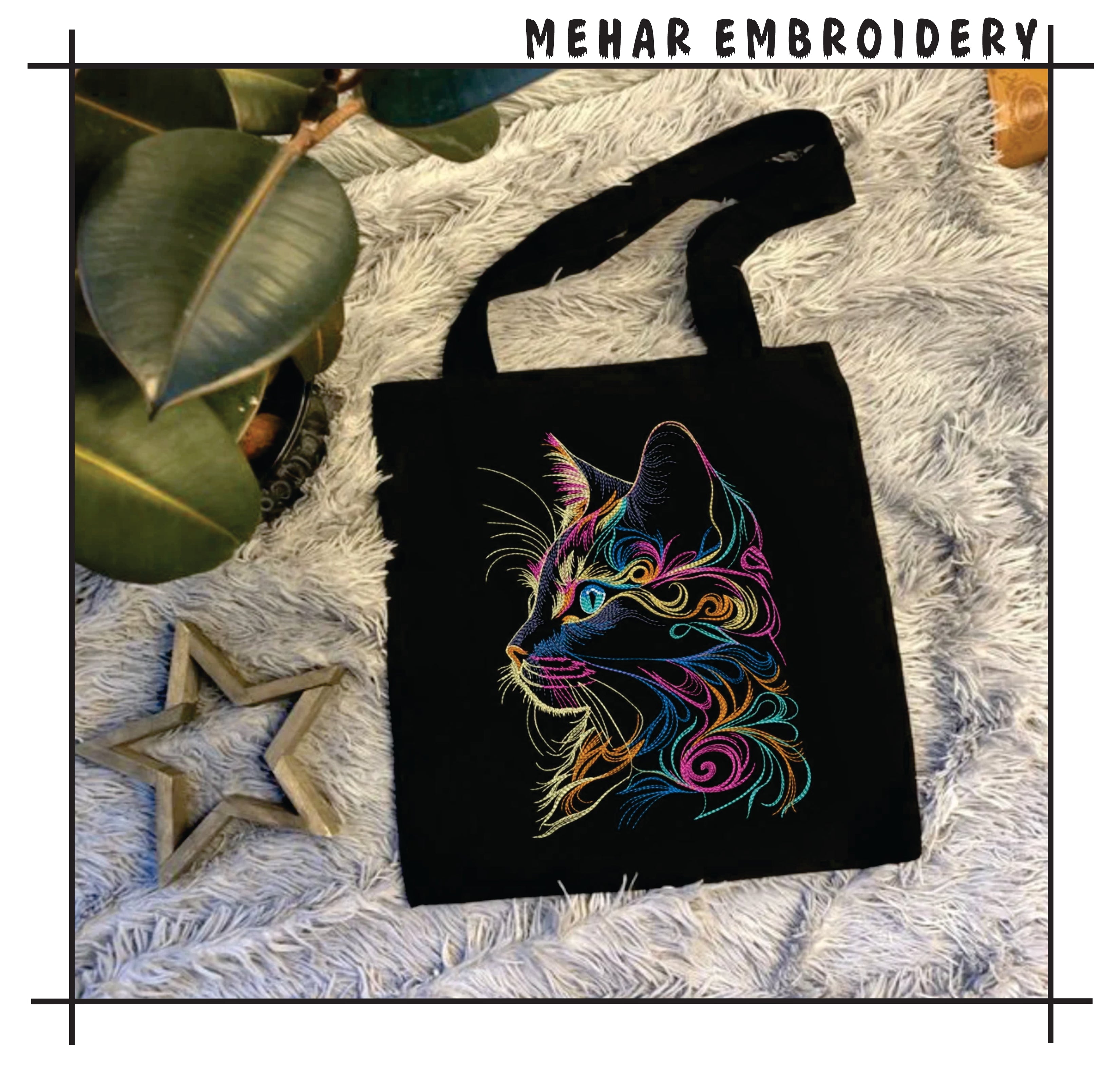 Abstract Cat Embroidery Design, Colorful Rainbow Kitten Digital File