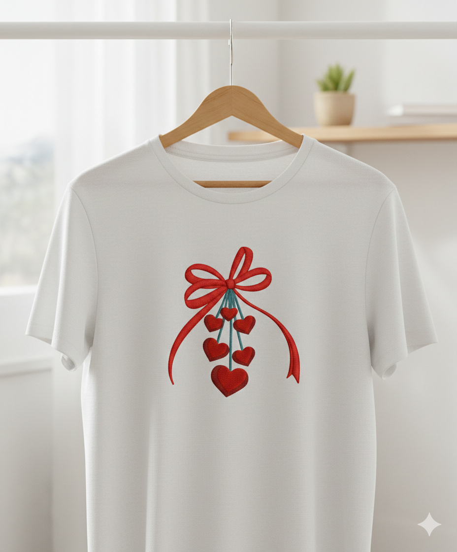 Valentine’s Day Ribbon Bow with Dangling Hearts – Machine Embroidery Design