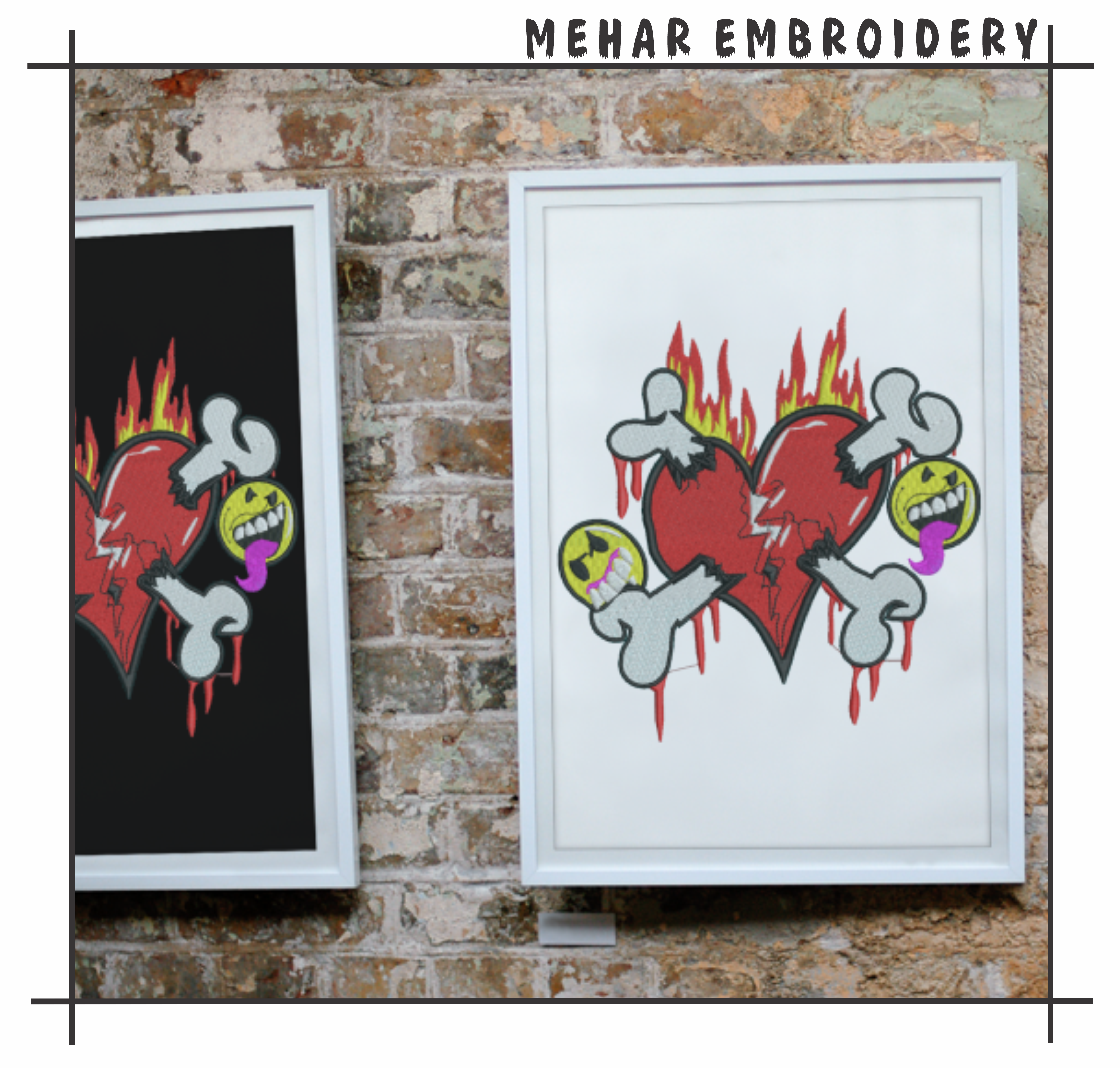 Broken Heart Crossbones Embroidery, Edgy Y2K Streetwear Art, 8 Formats Digital Download