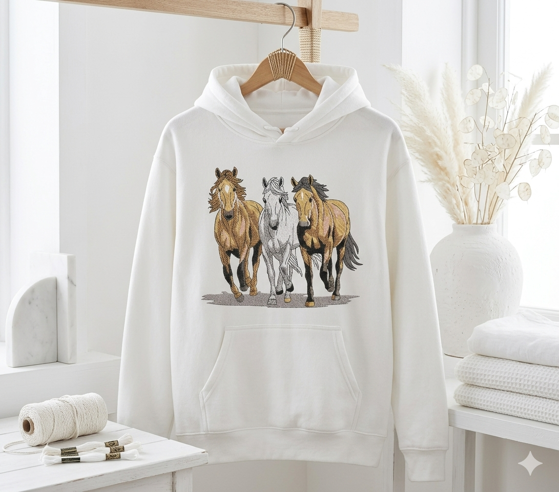 Three Horses Running Design | Wild Horse Machine Embroidery | Galloping Stallions File | Nature & Animal Embroidery