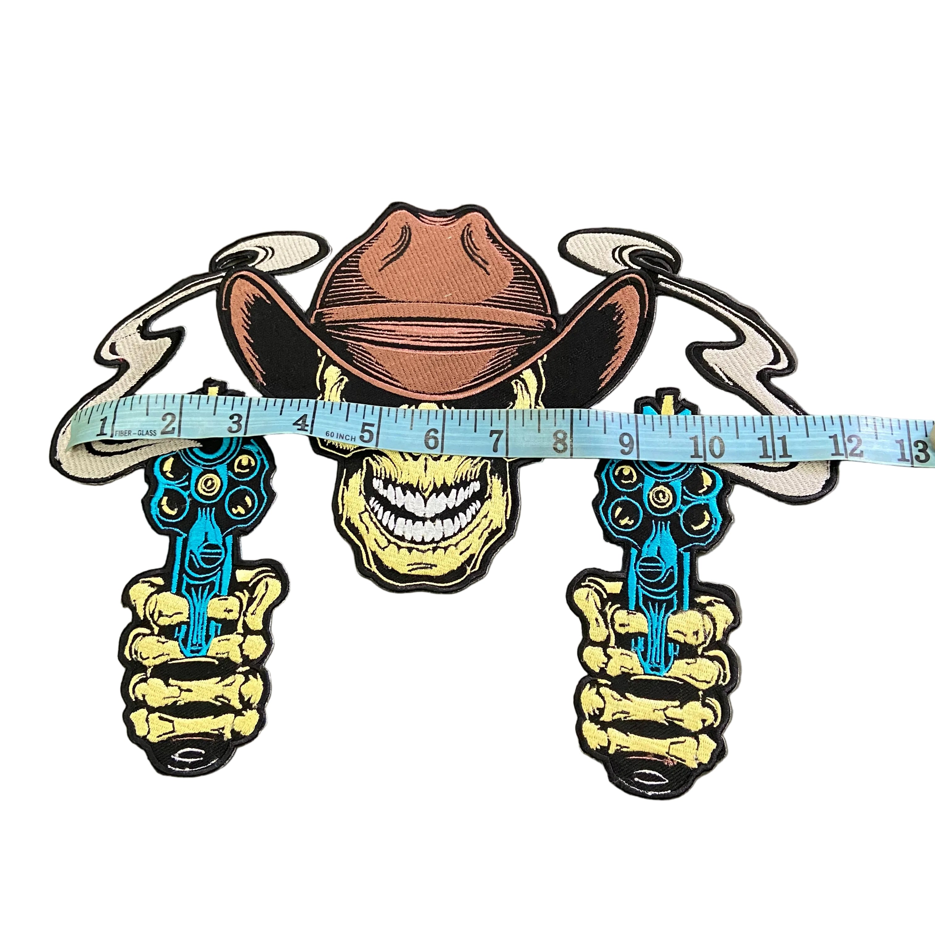 Outlaw Cowboy Skull Back Patch | Double Revolvers & Smoking Barrels | 12-Inch Custom Biker Vest Set