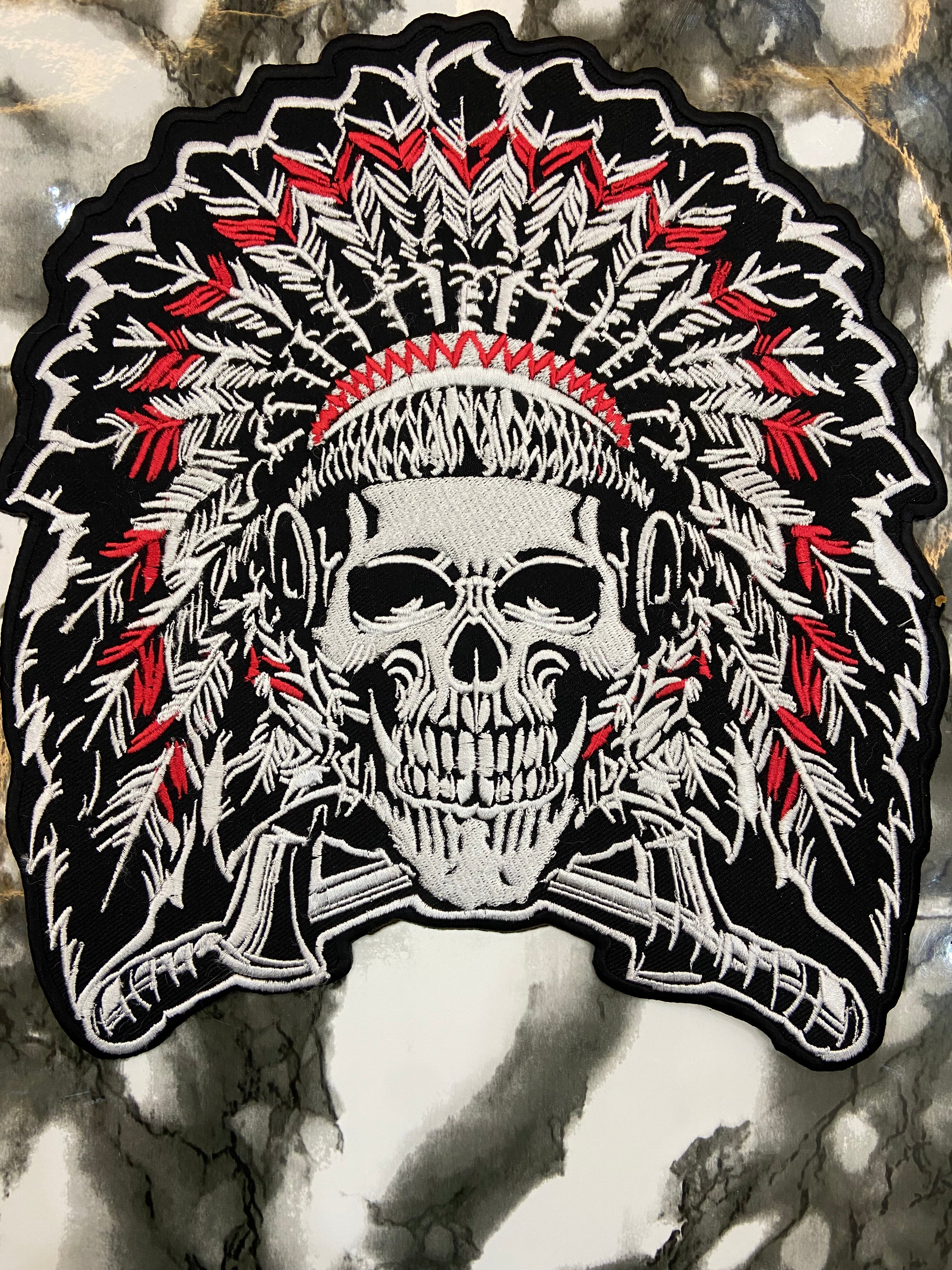 Native American Skull Headdress Large Back Patch – Tribal Warrior Biker Applique