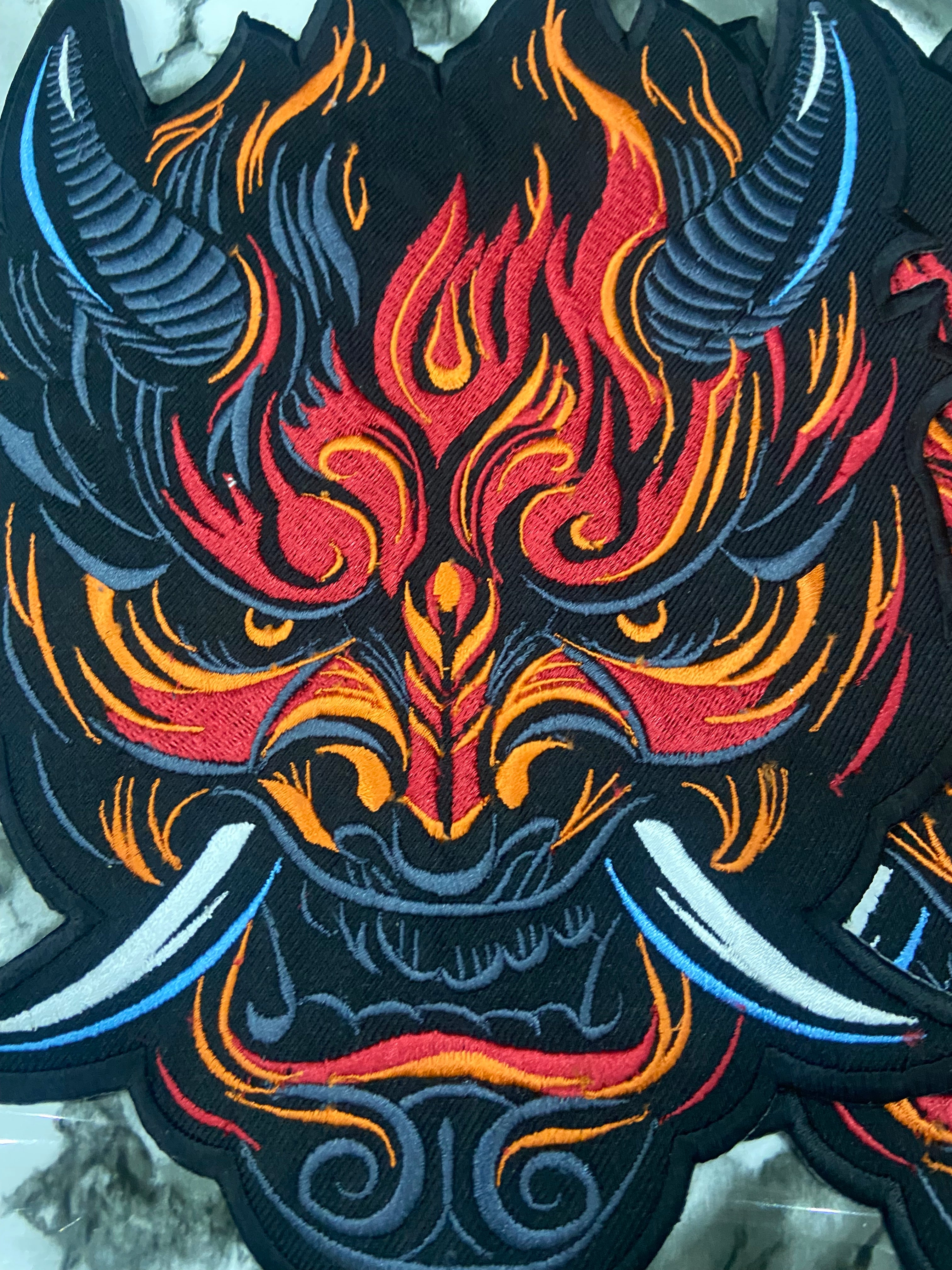 Cyberpunk Oni Fire Large Back Patch – Futuristic Streetwear Applique