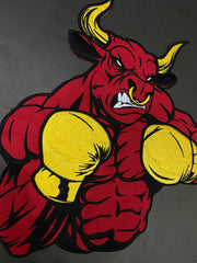 Boxing Bull Embroidery Patch: Red Bull with Yellow Gloves - Iron-On Applique