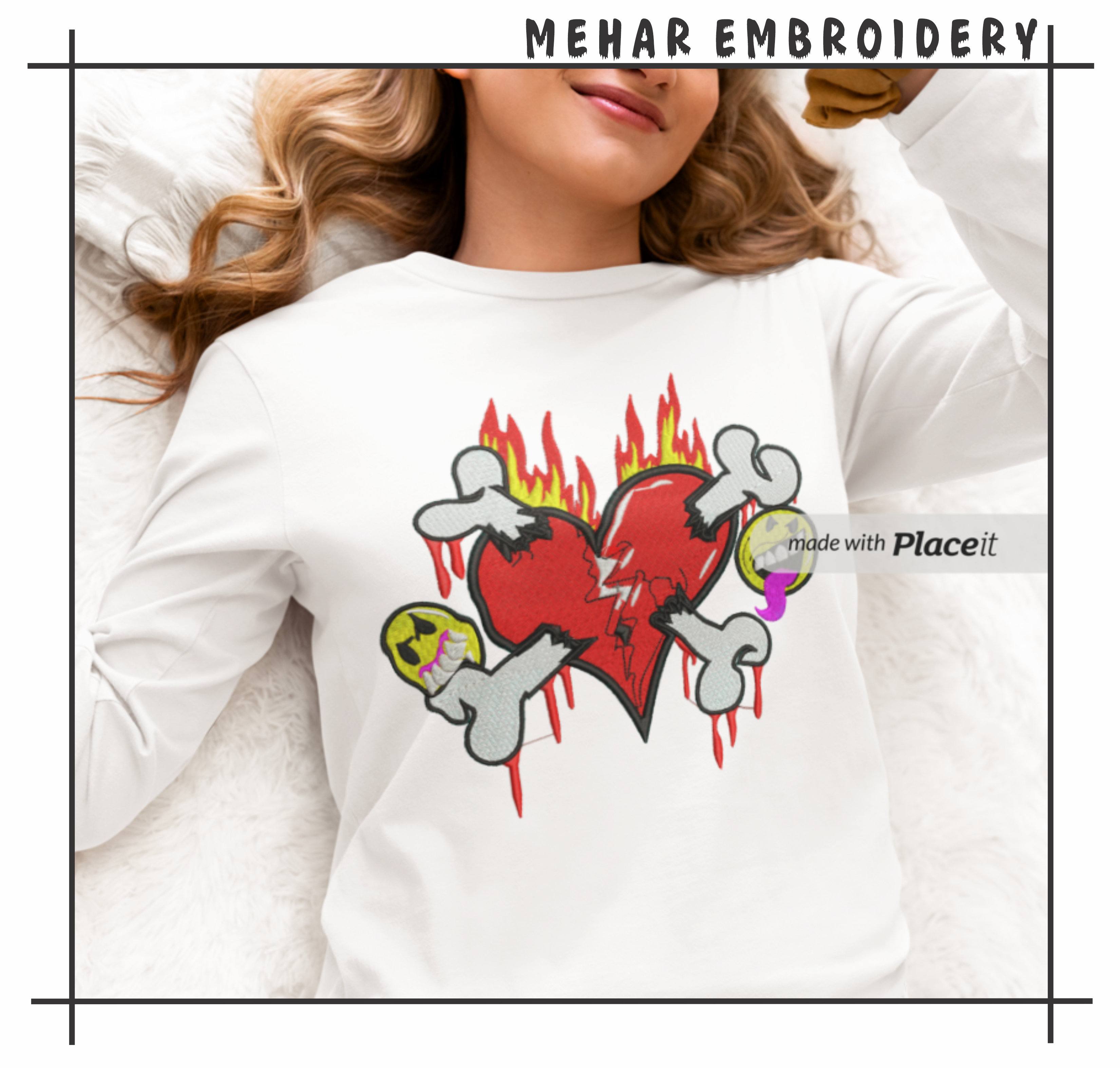 Broken Heart Crossbones Embroidery, Edgy Y2K Streetwear Art, 8 Formats Digital Download