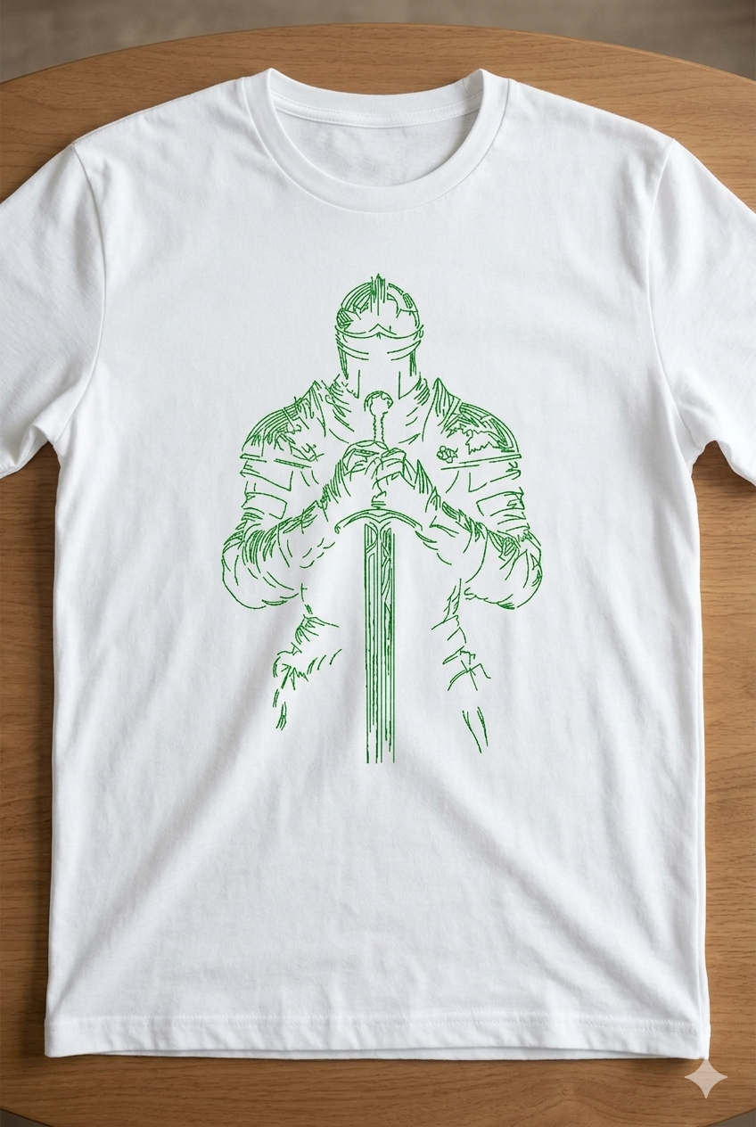 Majestic Knight Warrior Line Art Embroidery Design: Medieval Fighter Digital Pattern in All Formats.