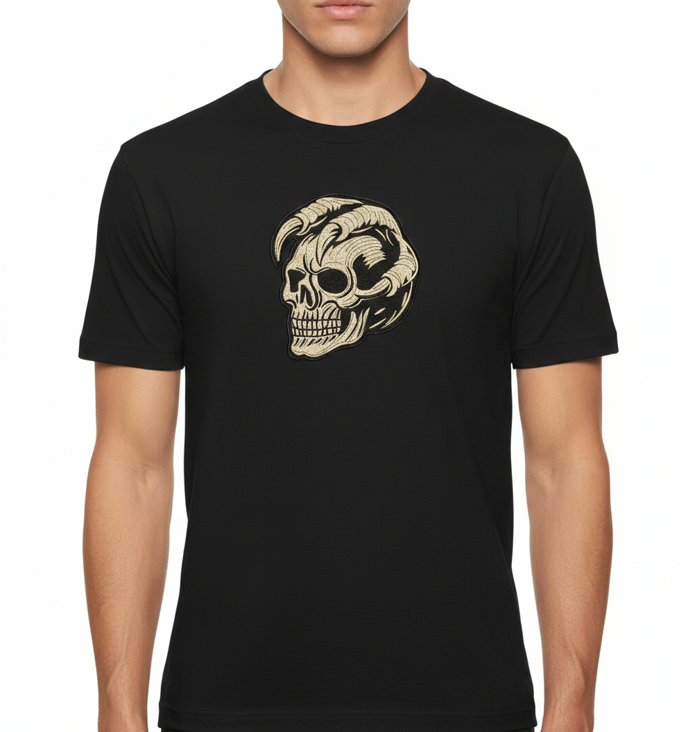 Horned Demon Skull Machine Embroidery Design, Gothic Biker Digital File