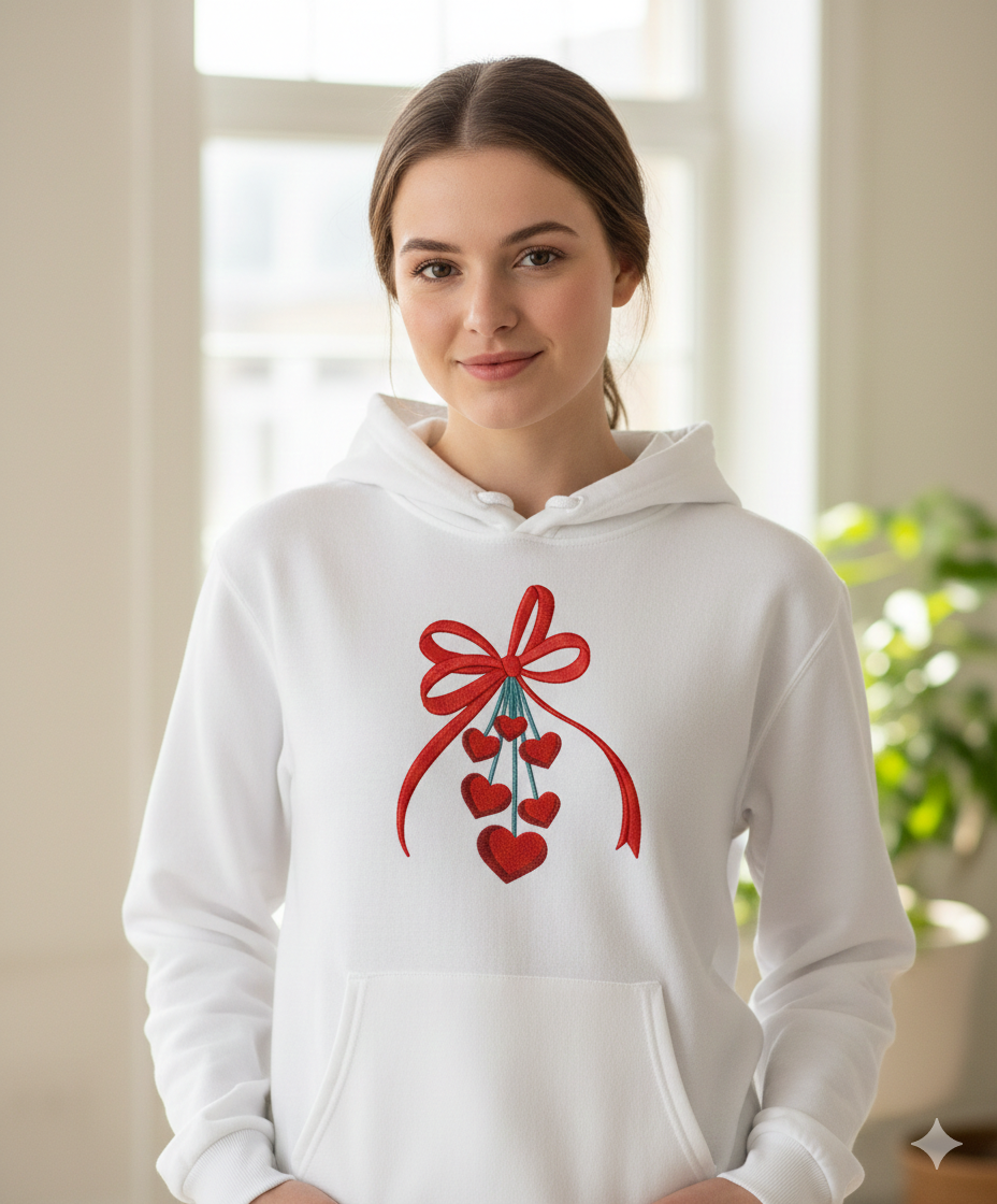 Valentine’s Day Ribbon Bow with Dangling Hearts – Machine Embroidery Design