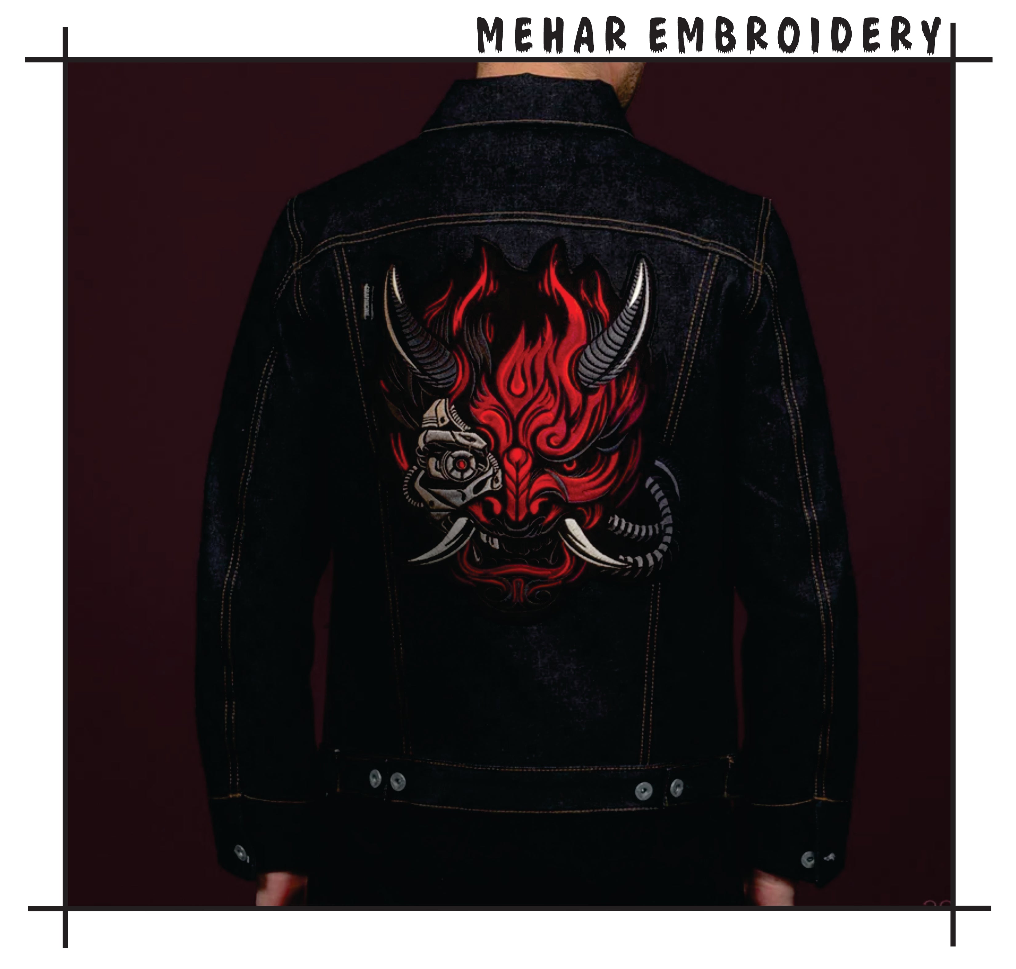 Cyberpunk Oni Mask Machine Embroidery Design, Japanese Demon Stitch File, 4 Sizes & 8 Formats