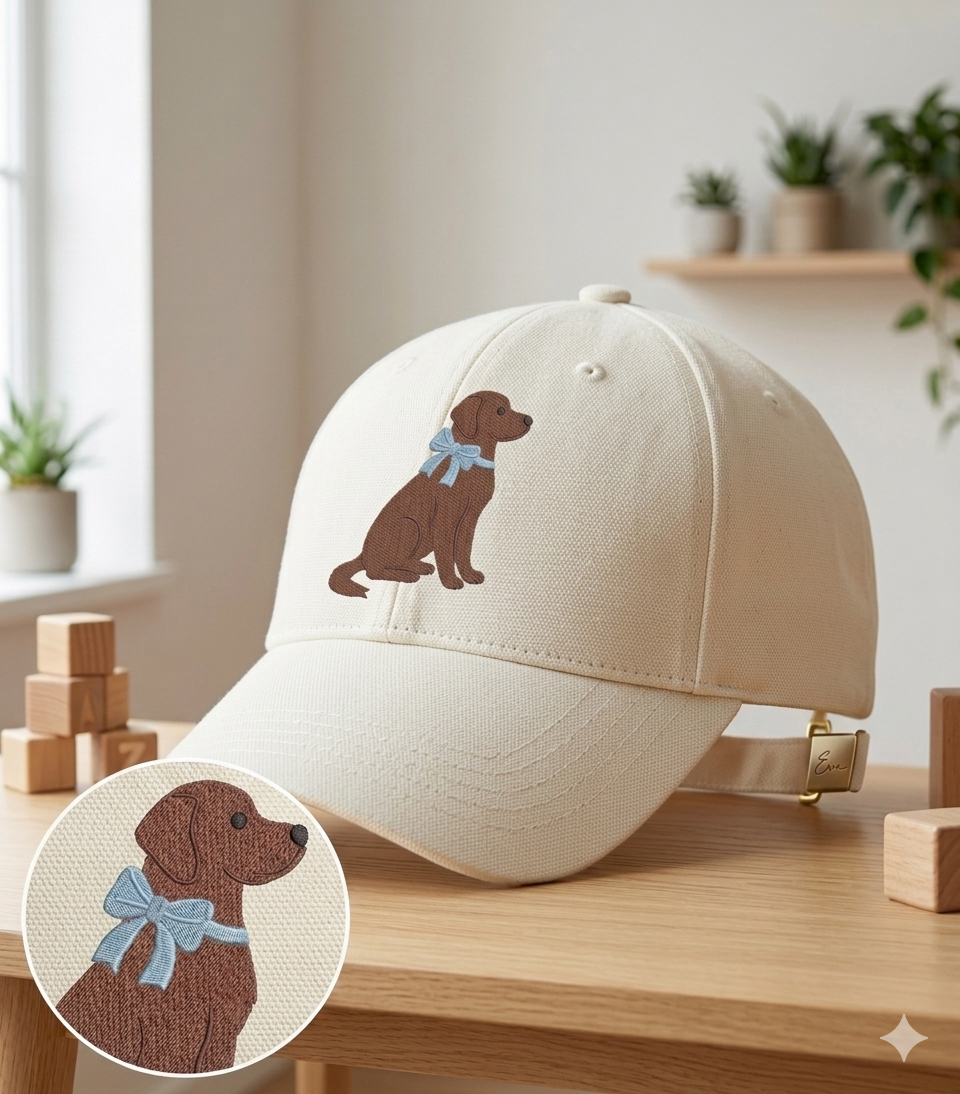 Chocolate Labrador Embroidery Design – Dog with Blue Bow (Digital File)