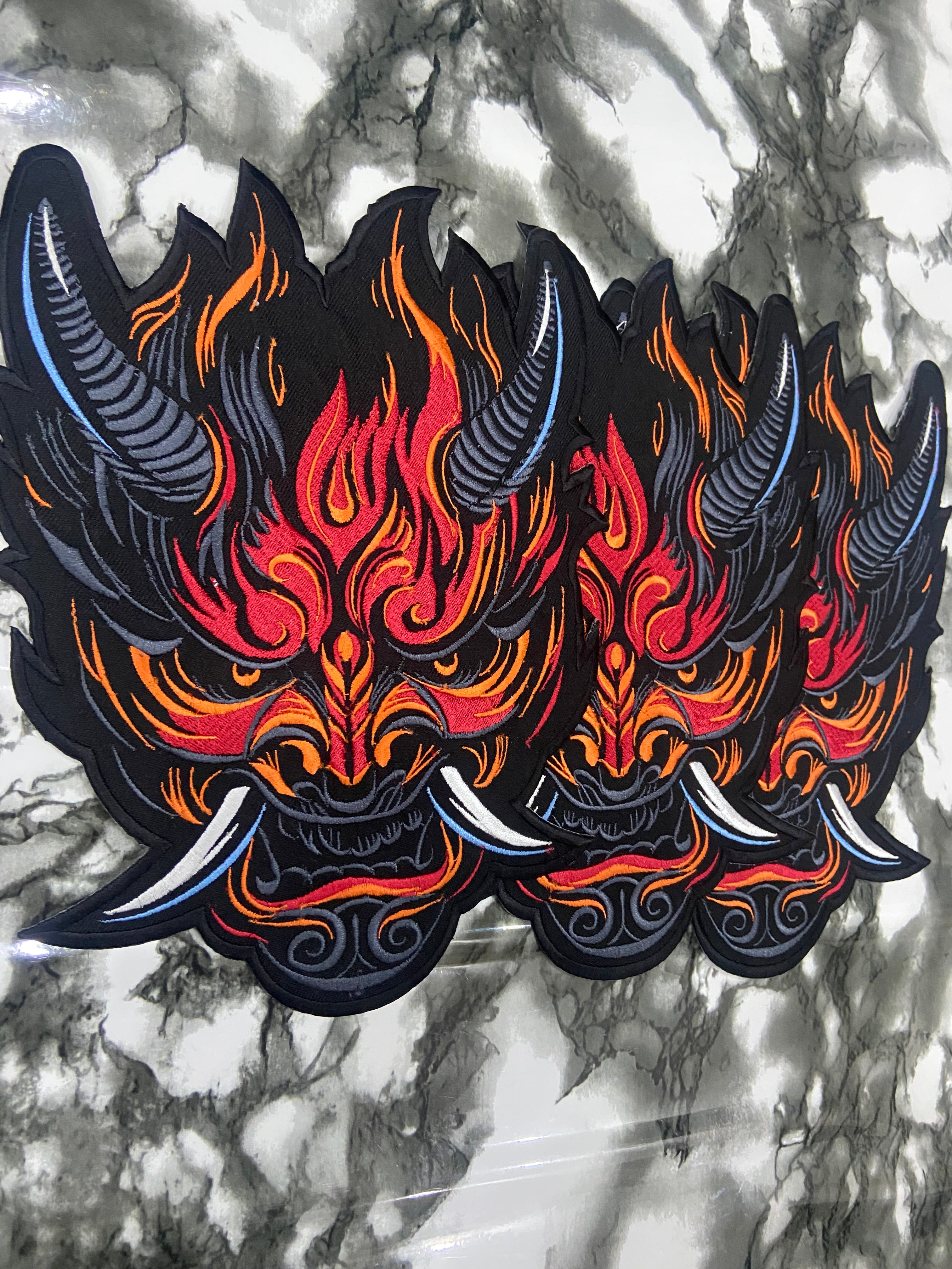 Cyberpunk Oni Fire Large Back Patch – Futuristic Streetwear Applique