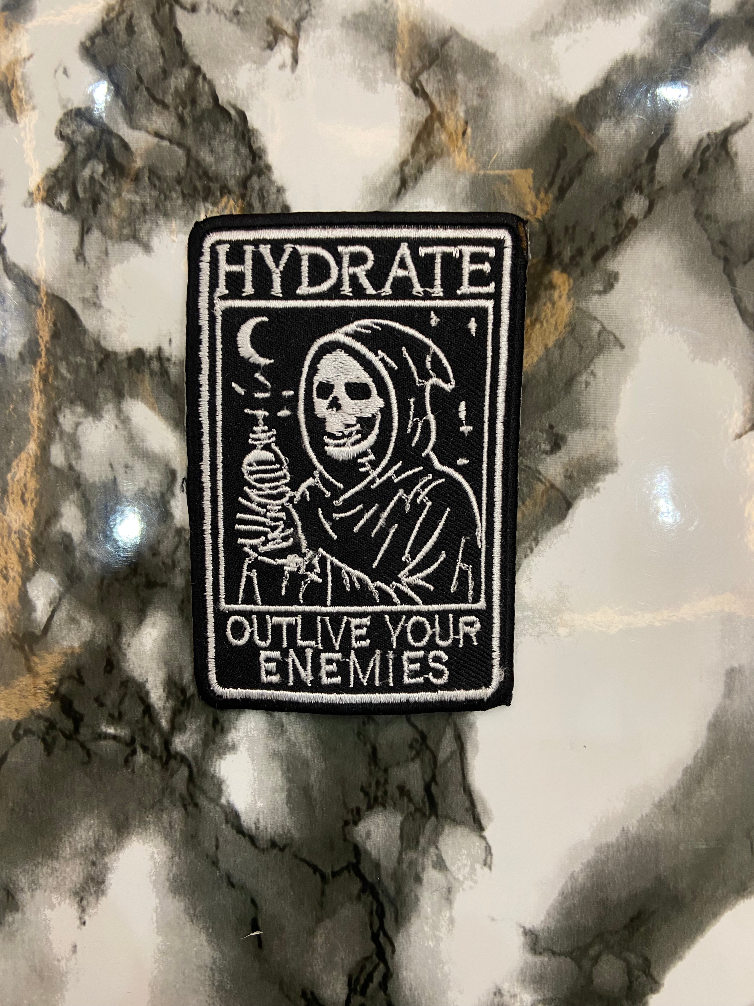 Hydrate Outlive Your Enemies Patch – Edgy Humor & Self-Care Applique