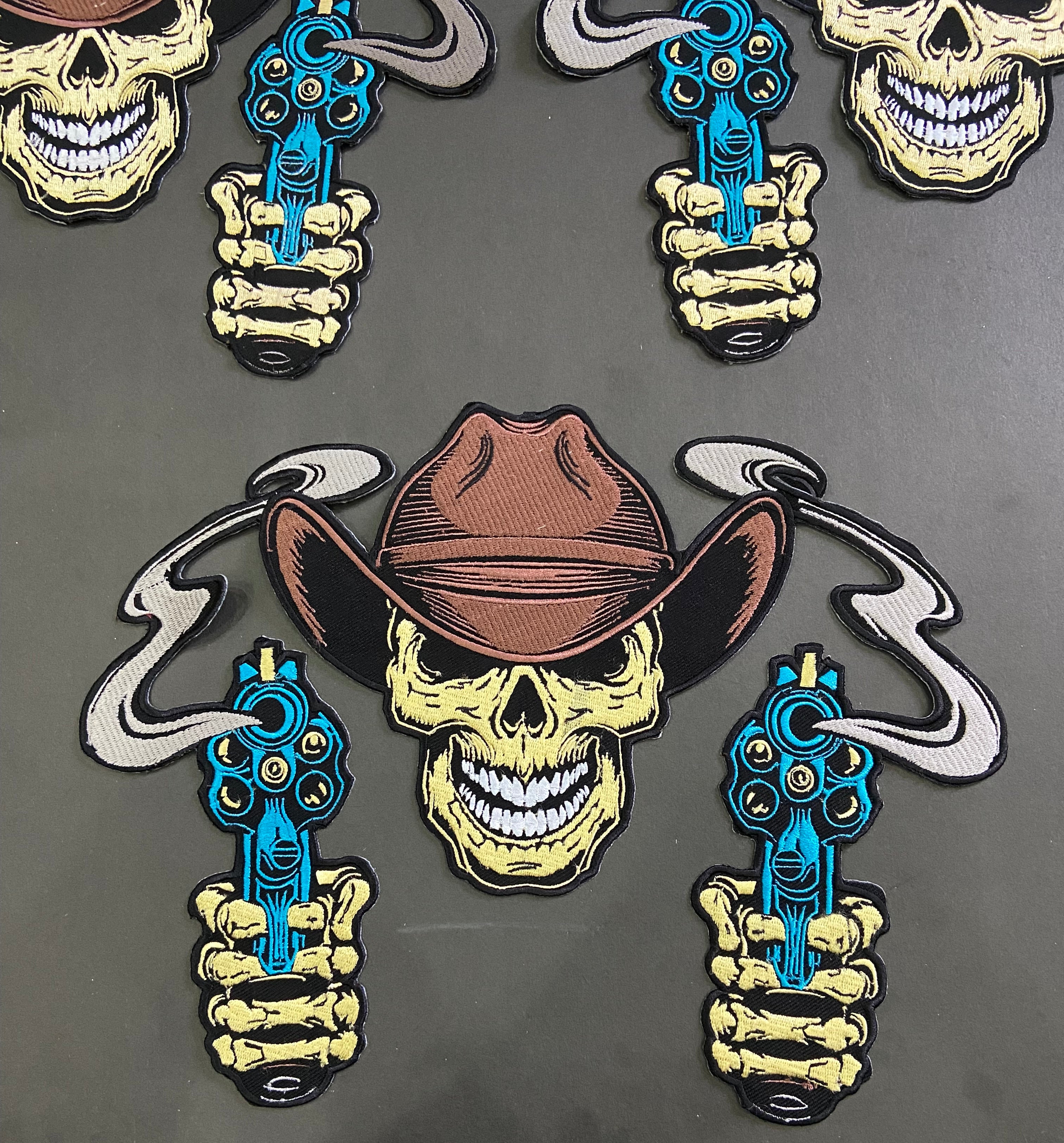 Outlaw Cowboy Skull Back Patch | Double Revolvers & Smoking Barrels | 12-Inch Custom Biker Vest Set