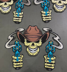 Outlaw Cowboy Skull Back Patch | Double Revolvers & Smoking Barrels | 12-Inch Custom Biker Vest Set