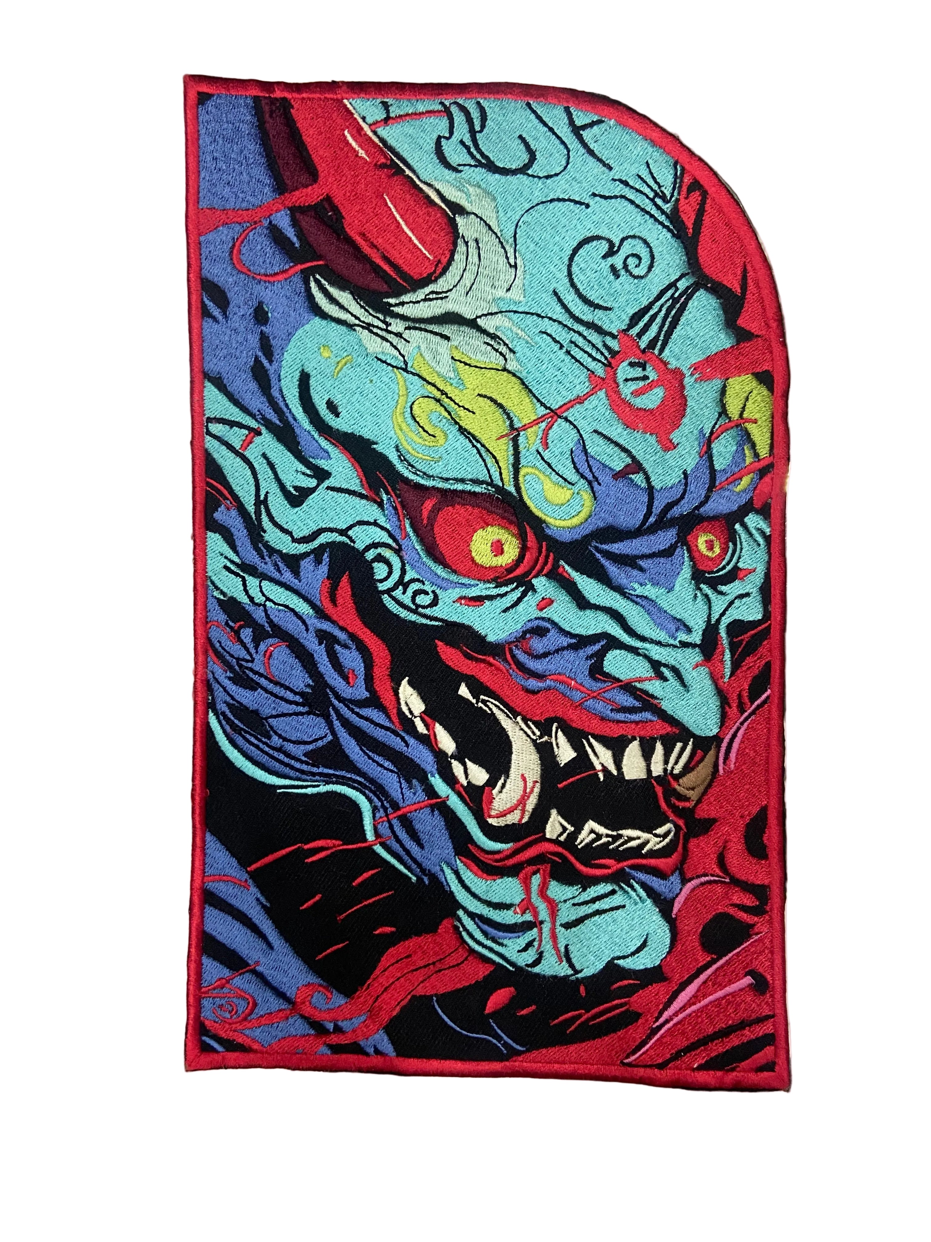 Japenese oni mask, ogre styled kensuke art embroidered back patch for biker jackets and vests
