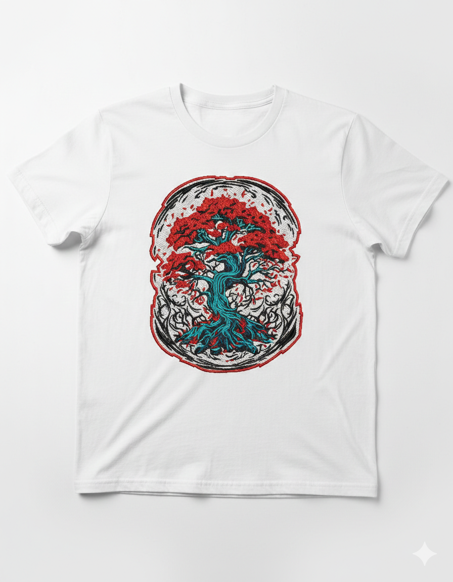 Red Maple Bonsai Tree Machine Embroidery Design - Twisted Roots Zen Patch