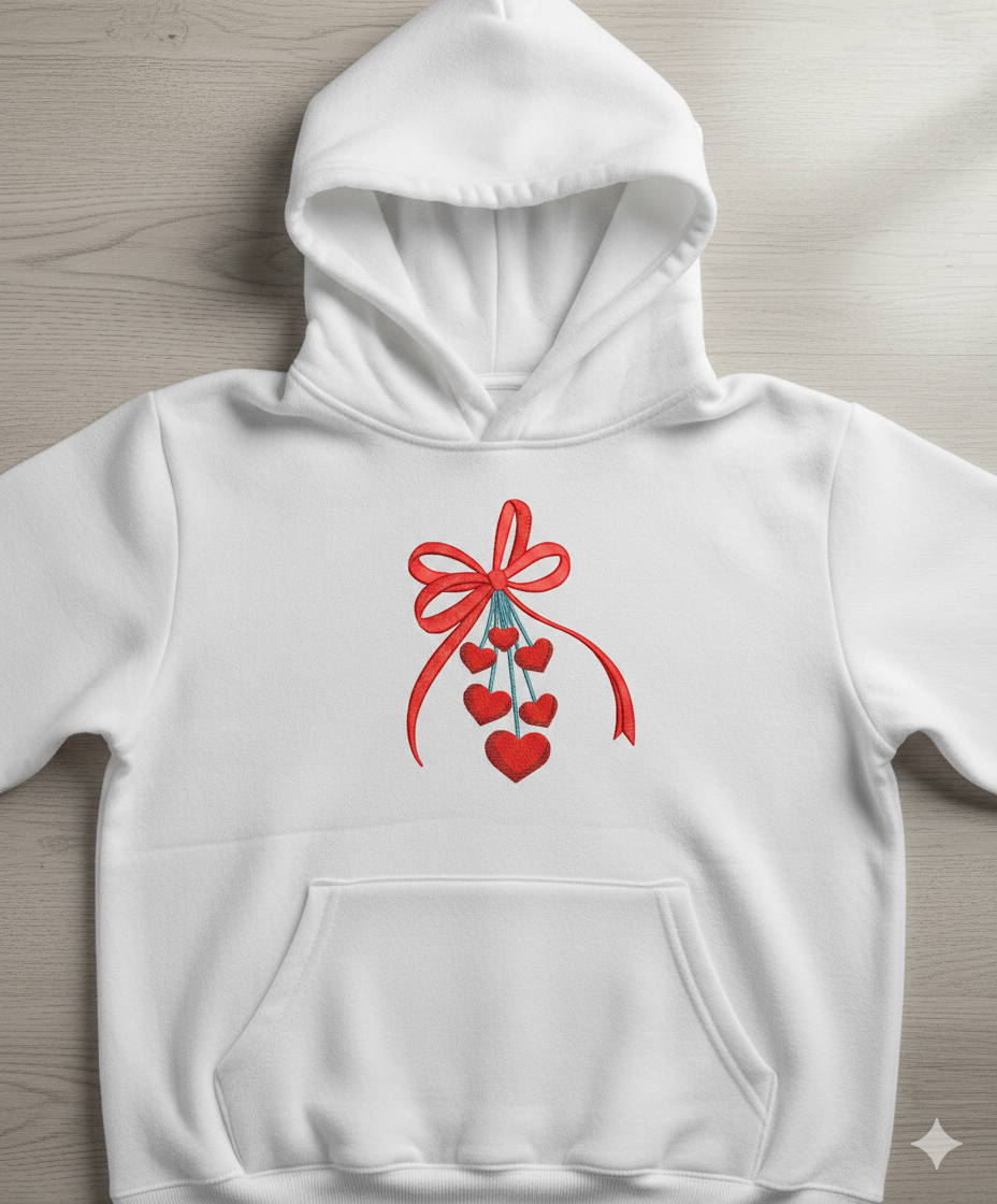 Valentine’s Day Ribbon Bow with Dangling Hearts – Machine Embroidery Design